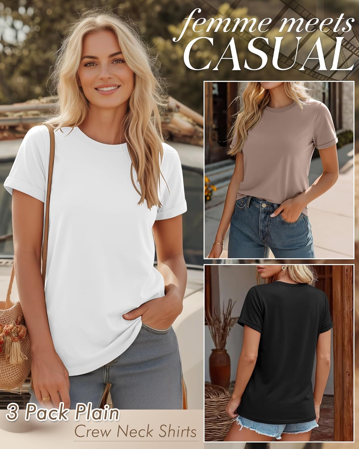 Huukeay 3 Pack Women's Cotton T Shirts Casual Short Sleeve Tunic Tops Crewneck Summer Loose Fit Plain Basic Tee - Image 4