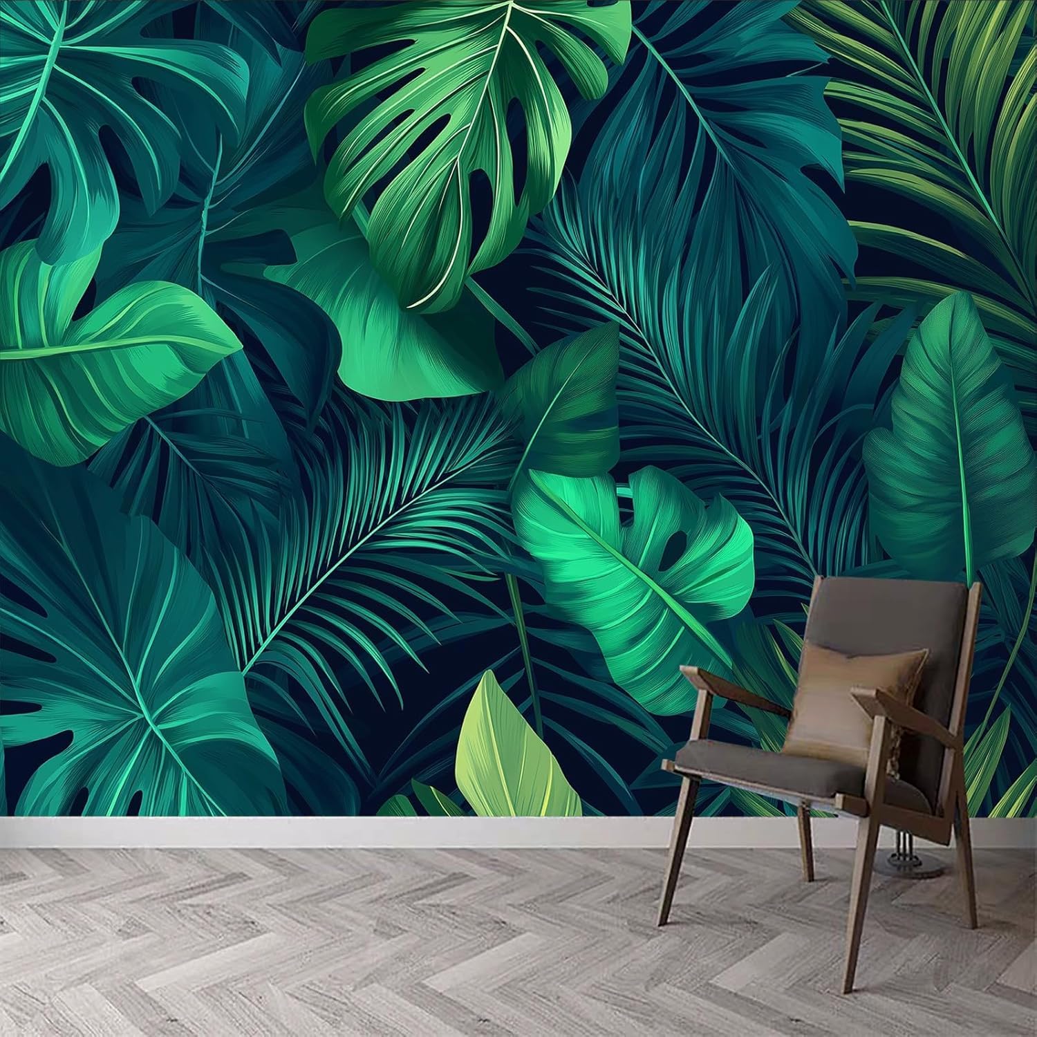 Papier peint panoramique monstera pour une chambre parentale chic