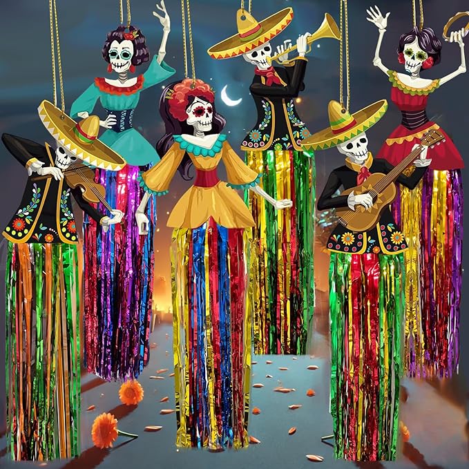 6 PCS Day of The Dead Sugar Skull Hanging Decorations, Dia De Los Muertos Decorations Mexican Fiesta Halloween Party Supplies for Ofrenda Altar Home Outdoor Decor