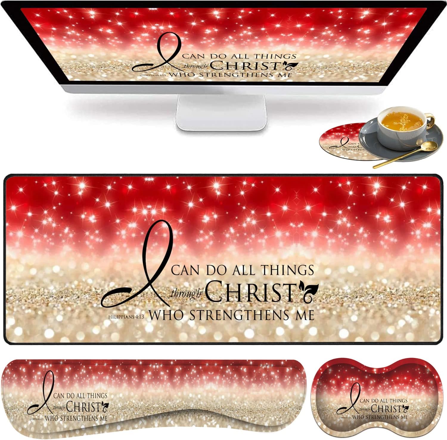 Large Gaming Mouse Pad, Keyboard Wrist Rest pad + Mouse Wrist pad + Coaster Set Extended Waterproof Non-Slip Table mat Suitable for Home Office Learning Games - Bible Verse Pink Philippians 4-13