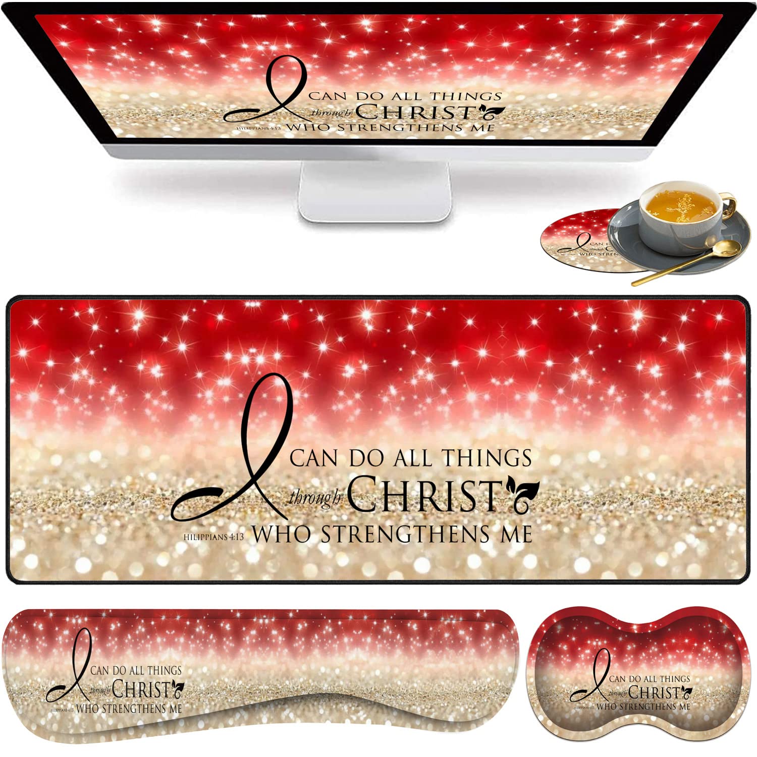 Large Gaming Mouse Pad, Keyboard Wrist Rest pad + Mouse Wrist pad + Coaster Set Extended Waterproof Non-Slip Table mat Suitable for Home Office