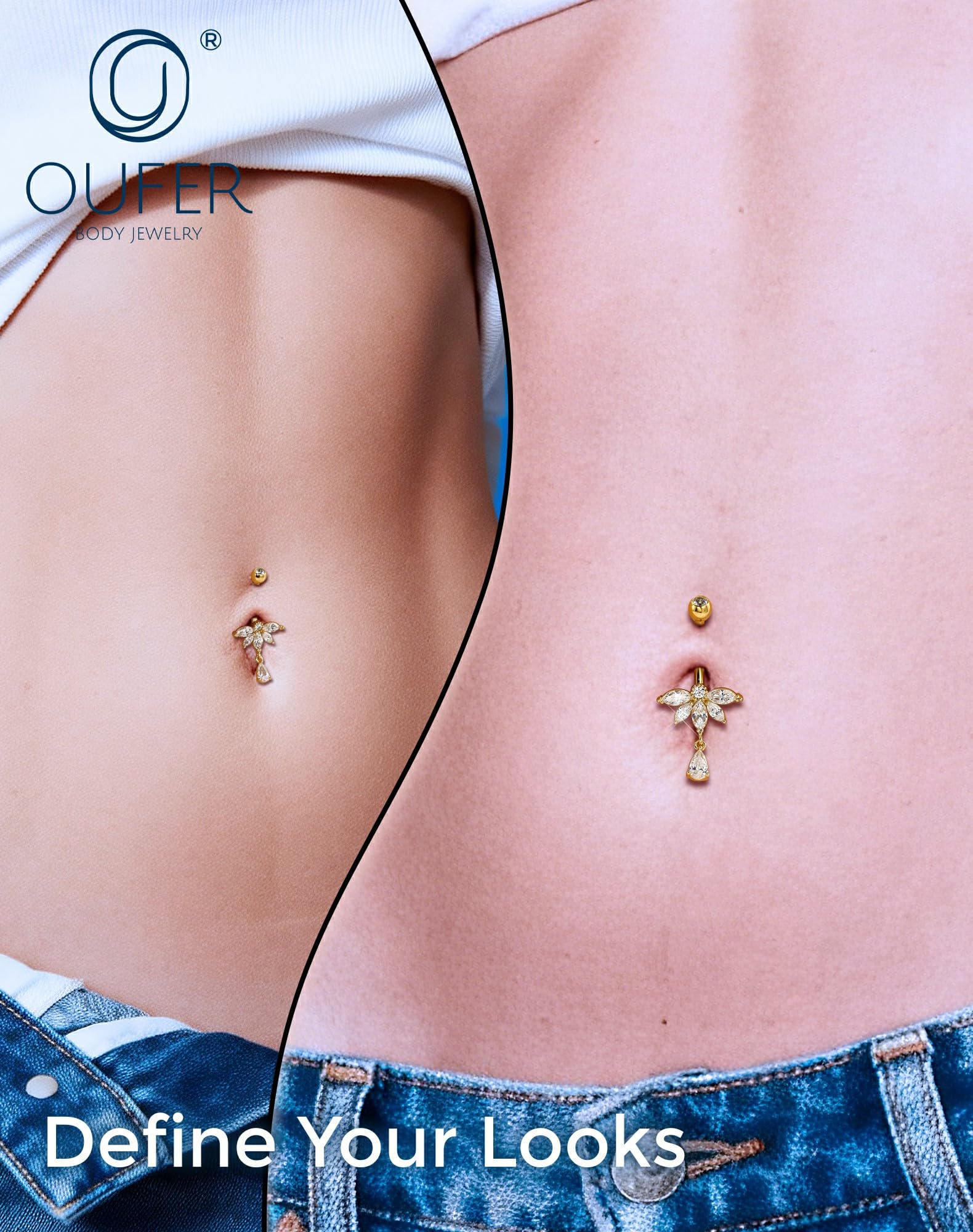 OUFER Lotus Gold - Piercing para ombligo de plata de ley 925, 14 g, con colgante, circonita transparente, 10 mm