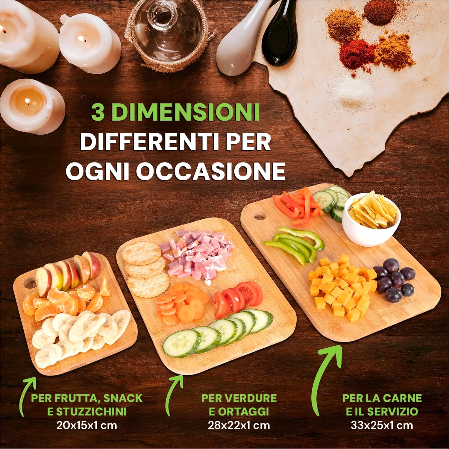 Avilia Set di 3 Taglieri in Bambù con Foro per Aggancio - Funzionali, Resistenti e con Design Naturale - Superficie Liscia Capace di Resistere agli Odori e Facile da Pulire - Ideali anche come Vassoi