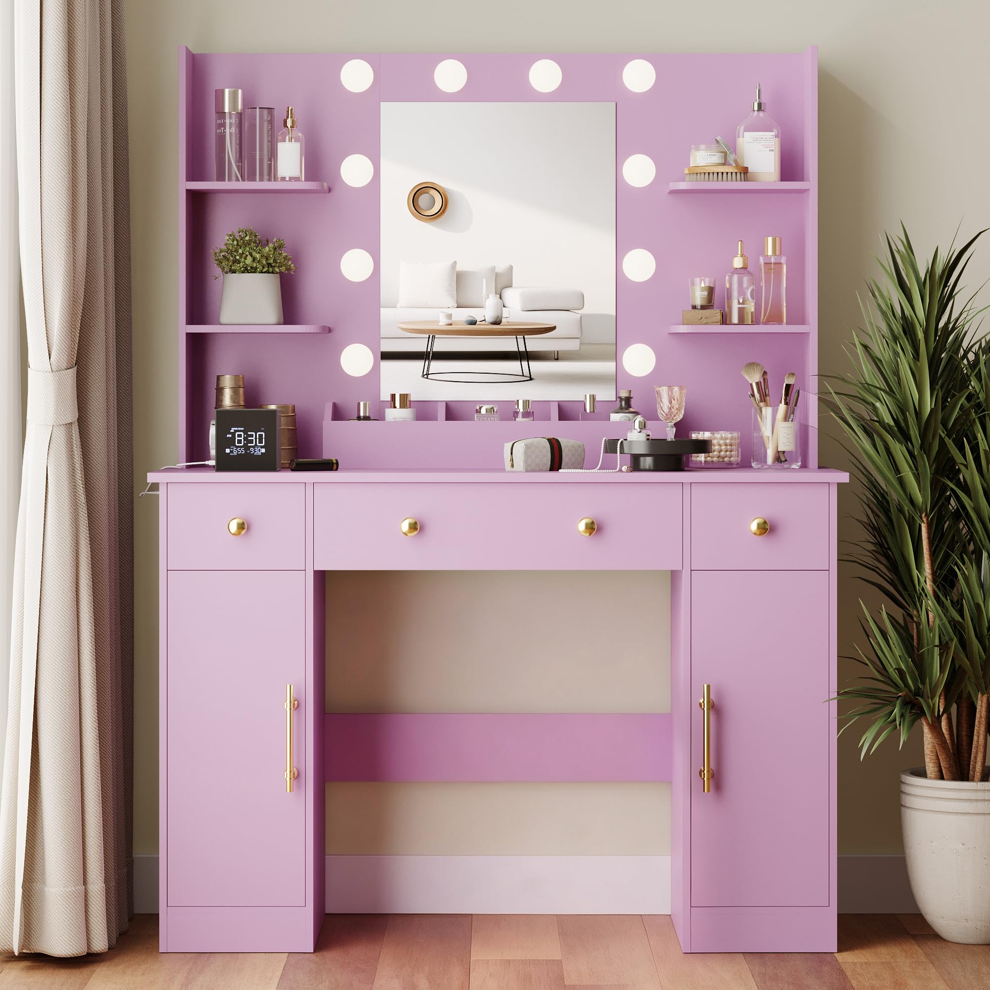 Wodeer Makeup Vanity Desk with Mirror and Lights, 43" Purple Vanity Set with 3 Drawers, Power Outlet &amp; Adjustable RGB LED Lights, Dressing Table with Storage Shelf for Women &amp; Girls Bedroom