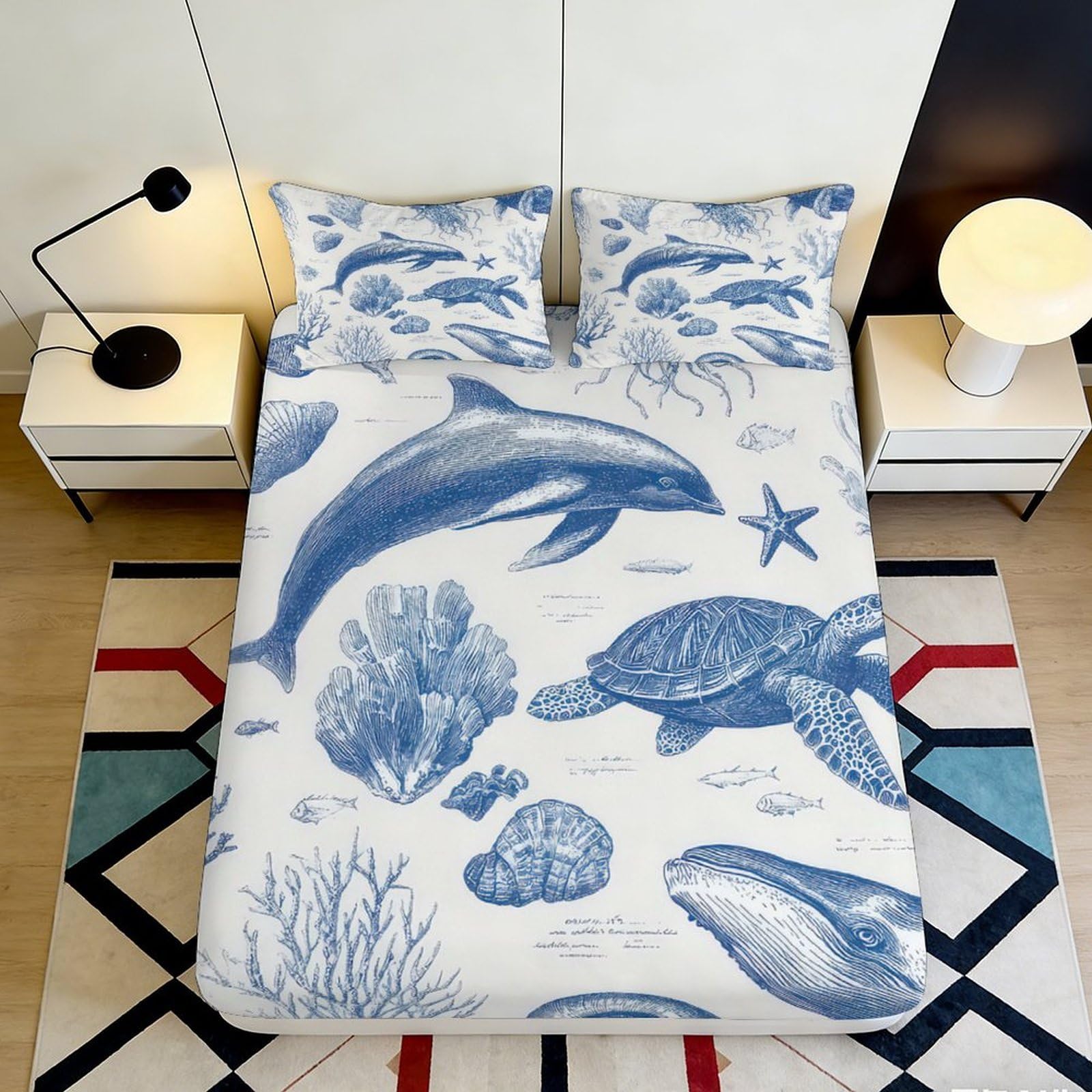 3D Printed Ocean Dolphin Fitted Sheet Microfiber Soft Mattress Cover Sea Turtle Design for Bedroom Decor Dorm 90x200x25cm