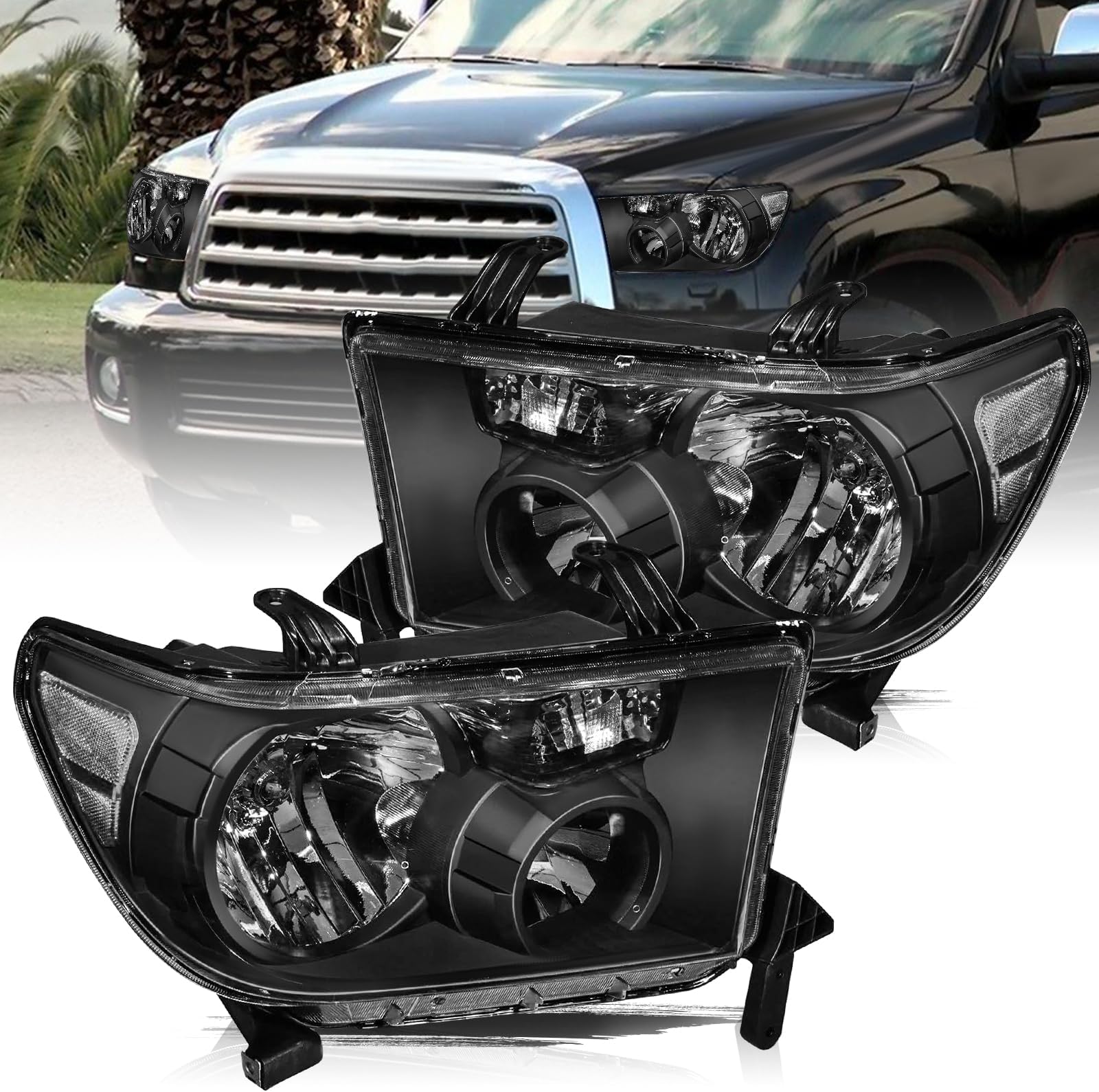 Aosky Halogen Headlight Assembly Replacement for 2007 2008 2009 2010 2011 2012 2013 Tundra/ 2008-2017 Sequoia Driver+Passenger Side, Black Housing with Black Reflector, without bulbs