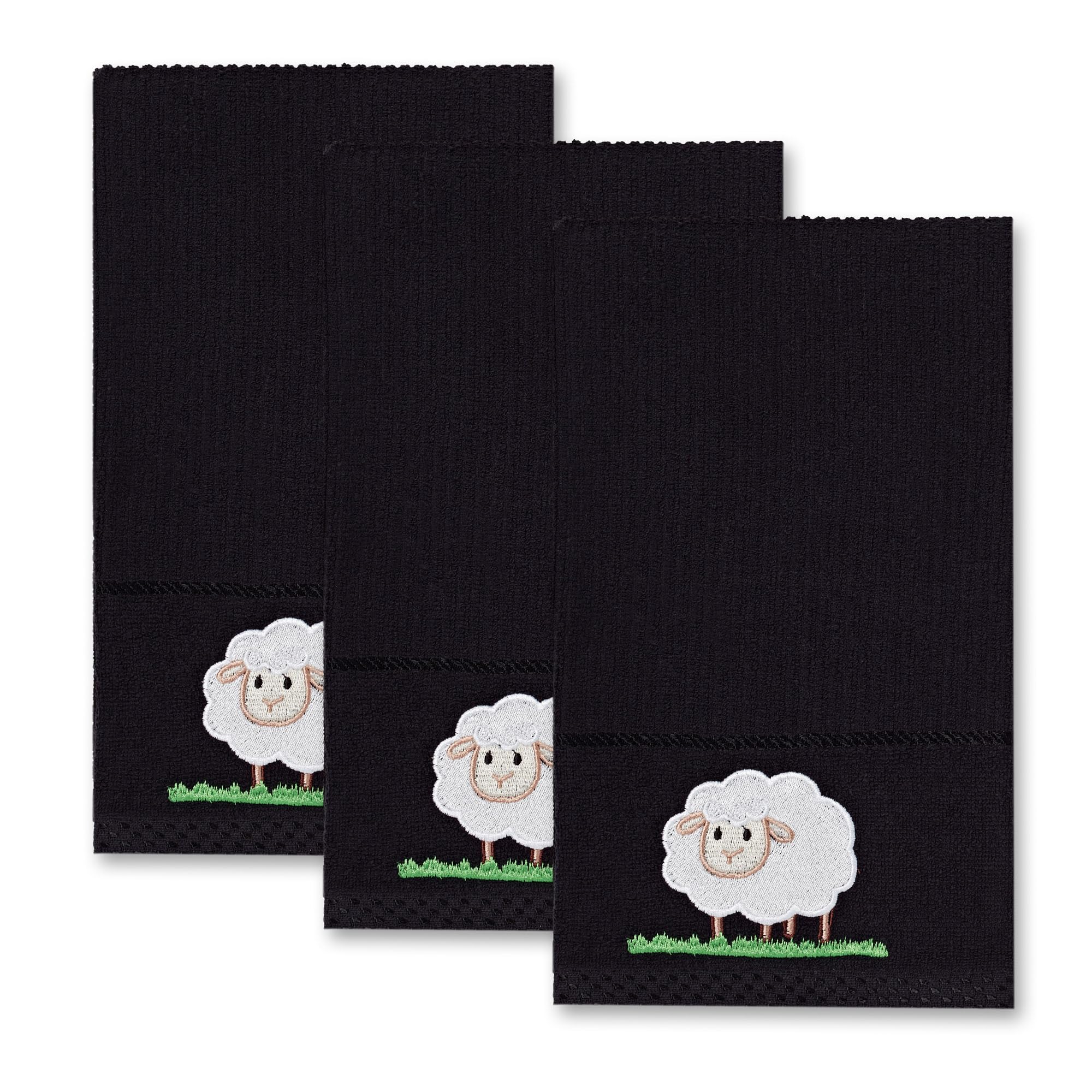 La Maison Woven Embroidered Tea Towels Pack of 3 Large 40 x 70cm Super Absorbent Housewarming Gifts 4 Styles Cotton Rich (Black, Sheep)