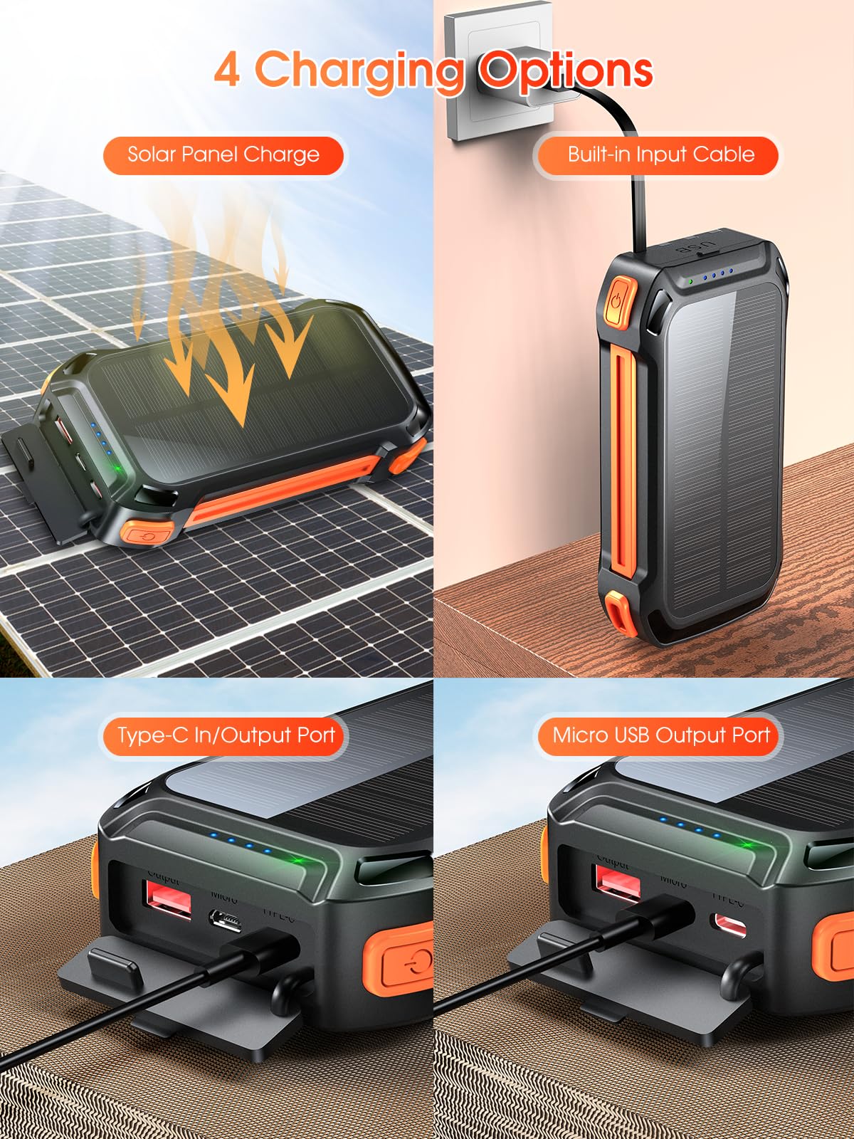 Batterie externe 26800 mAh, charge rapide PD 30 W, chargeur sans fil avec 4 câbles intégrés, 3 ports, lampes de poche LED, batterie portable pour téléphones, tablettes, camping (orange)