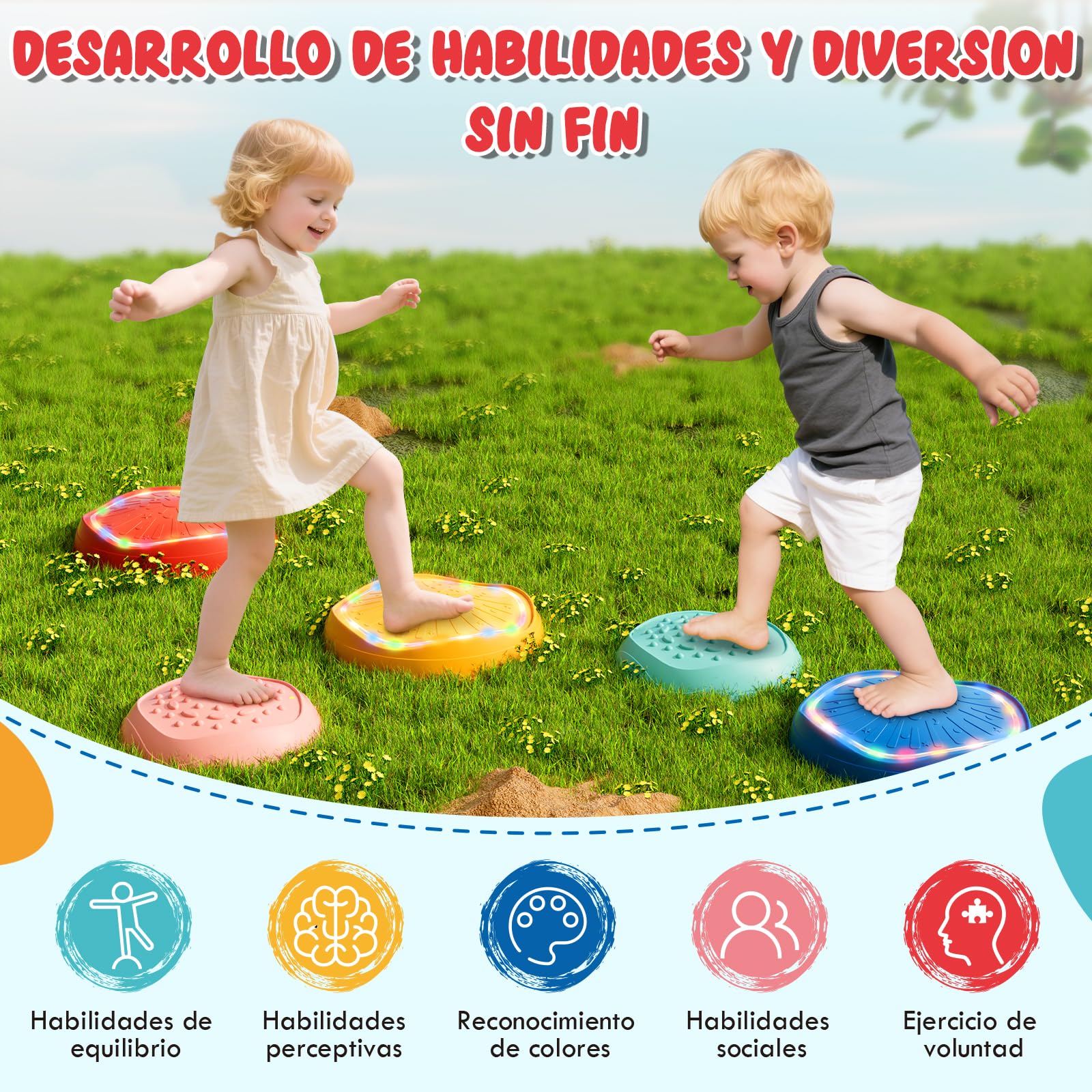 Lehoo Castle Piedras de Equilibrio para Niños, Antideslizante Piedras de Paso para Niños, Juego de Equilibrio Exterior, Desarrollo Sensorial y Coordinación, Curso de Obstáculos