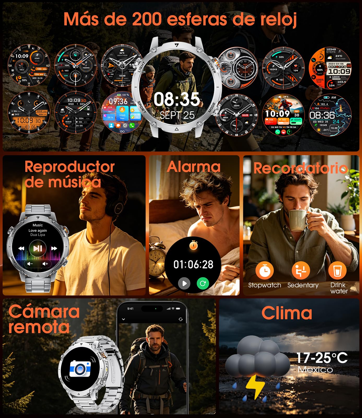LIGE Reloj Inteligente Hombre 1400mAh Larga Duración, 1.7" Smartwatch Militar con Linterna LED, Llamadas Bluetooth, 120+ Deportes, Impermeable, Frecuencia Cardíaca,Android iOS,2 Cargadores,EF26-C