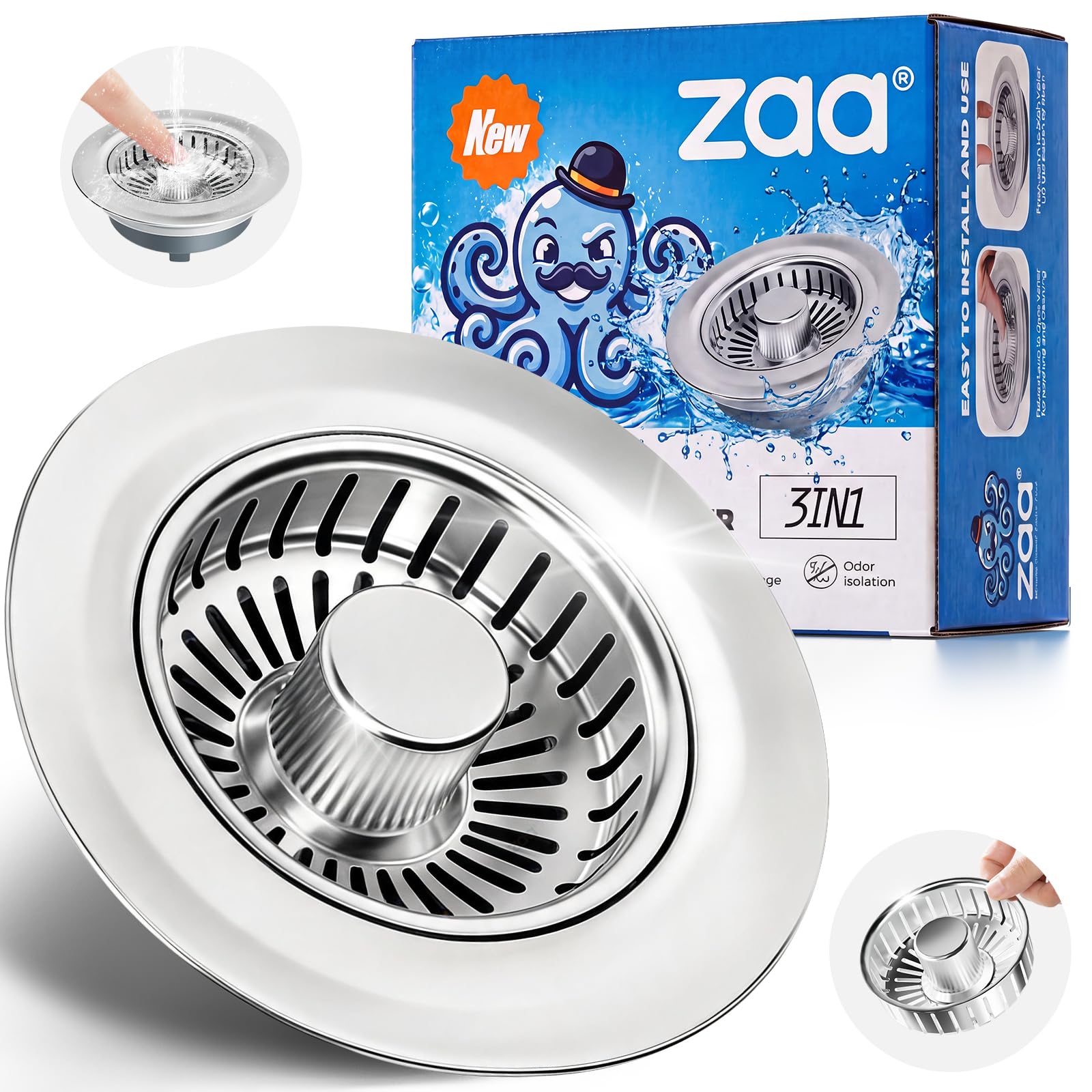 zaa 3 in 1 Kitchen Sink Drain Strainer Stopper Removable Basket Pop-Up
