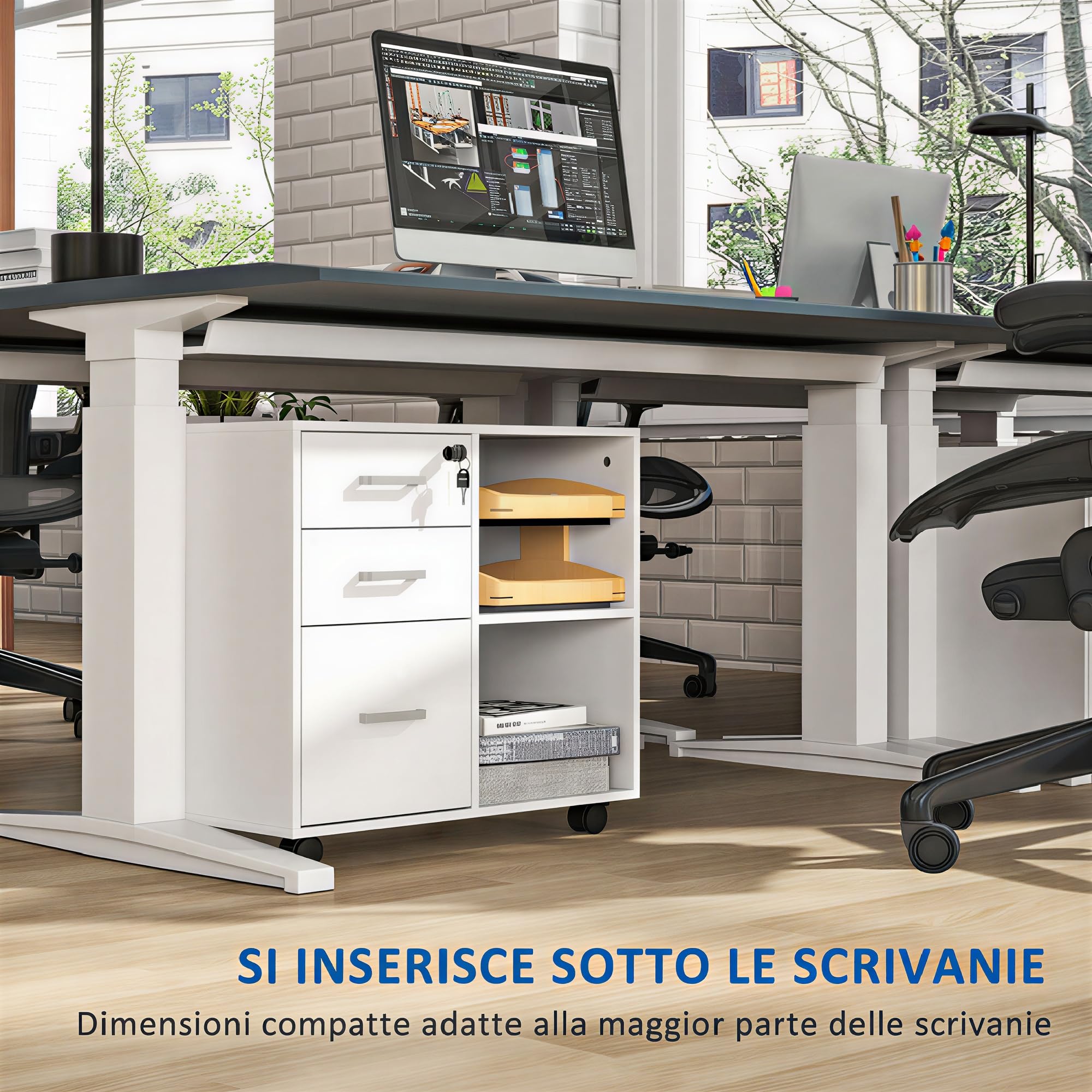 HOMCOM Cassettiera Ufficio Portadocumenti 3 Cassetti 60x40x56 cm Bianco | Serratura, Mobile Ufficio in Legno con Ruote, 2 Vani, Cassetto con Chiavi, per Studio