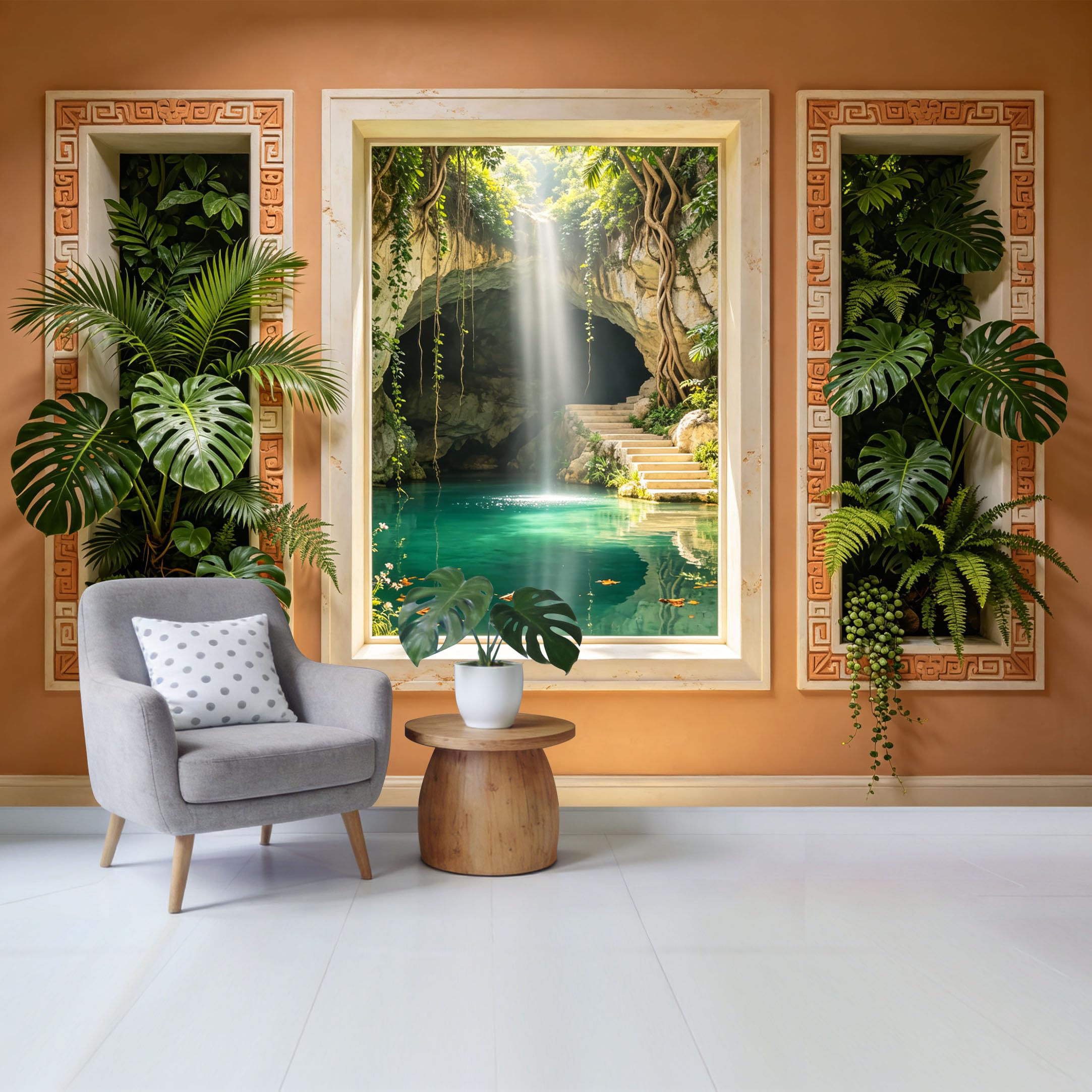 Custom Size Wall Mural Tropical Jungle Sunlight Cave View Botanical Greenery Removable Self Adhesive Fabric Home Wall Decor for Living Room Bedroom Bathroom