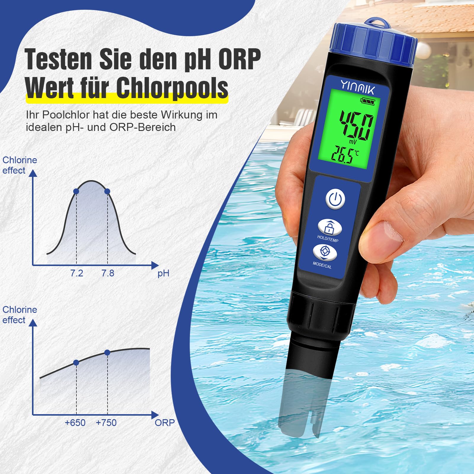 Pool pH Salz Messgerät 6-in-1 Tester für Salzwasserpools, Hydroponik, Trinkwasser