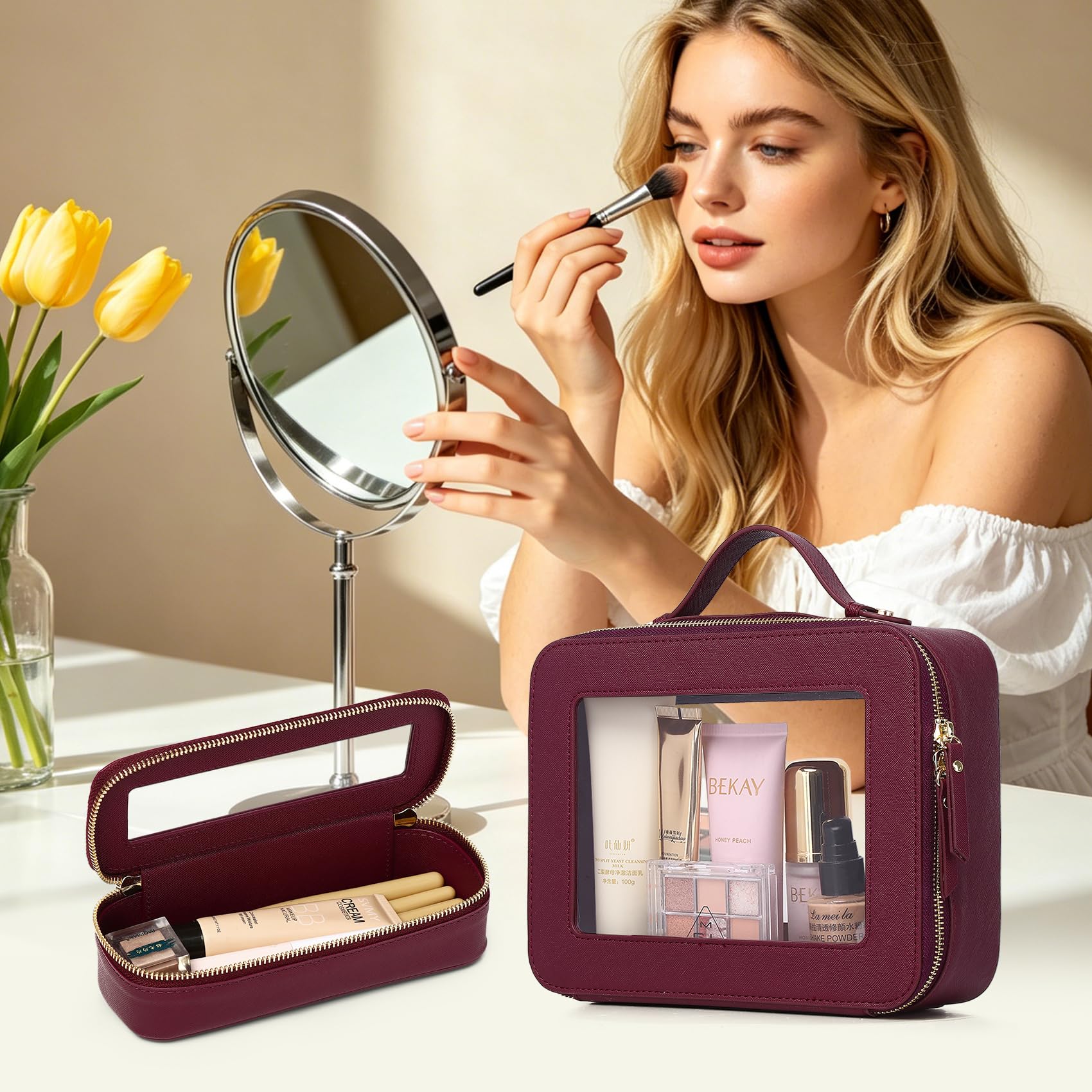 Borsa per trucco trasparente piccola borsa da toilette cosmetica borsa da viaggio impermeabile organizer borsa per trucco per cerniera auto, Borgogna, L+Slim, set di trucchi da viaggio