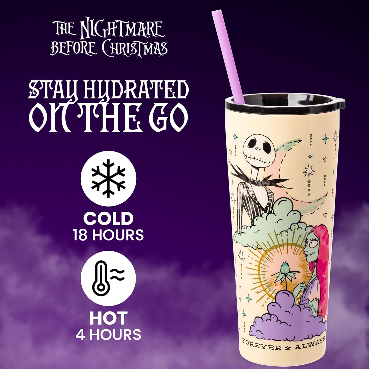 Silver Buffalo Disney Tim Burton's Nightmare Before Christmas “Forever and Always” Featuring Jack Skellington and Sally Double Walled Stainless Steel Tumbler with Straw, 22 Ounces - Image 2