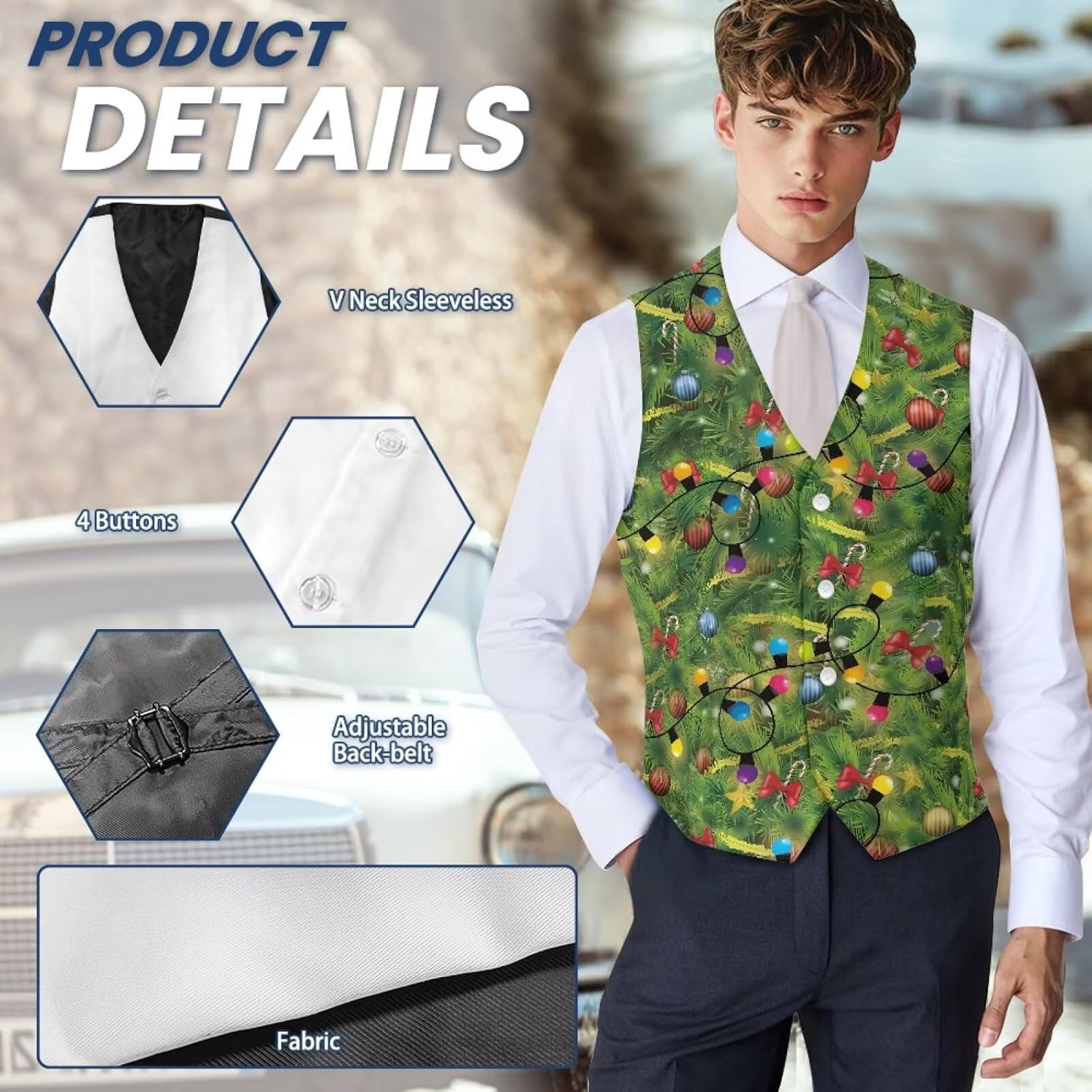 Christmas Suit Vests for Men Lightweight Men's Suit Vest for Party Banquet V-Neck Mens Waistcoat with Back Strap