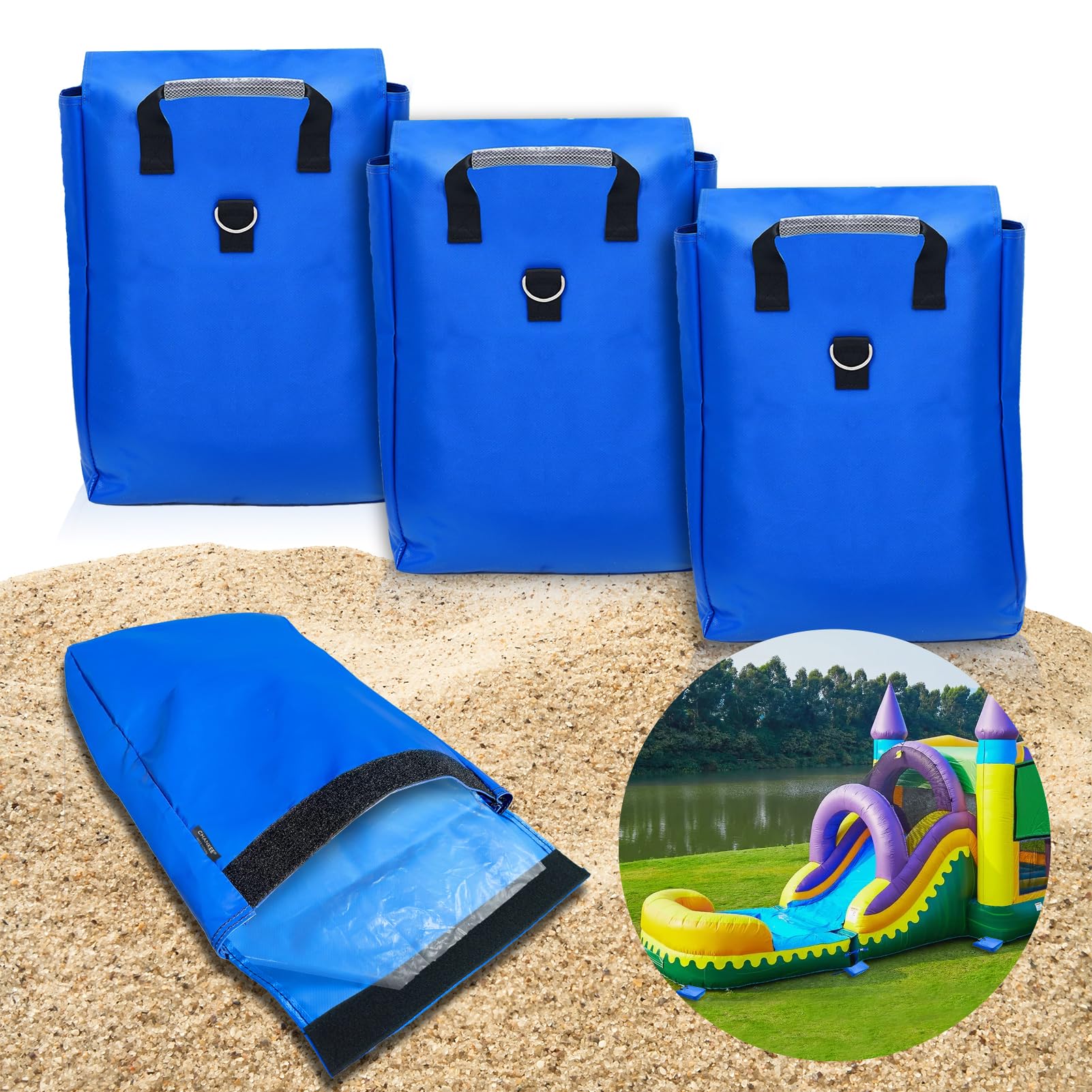 Chankee Vinyl SandBags with Handle, Bounce House Sand Bags, Suitable for Fixed Inflatable Trampolines, Inflatable Water Slide, Canopies and Tents(Each Weight Capacity 55 Pound, 4 Pack, Blue)