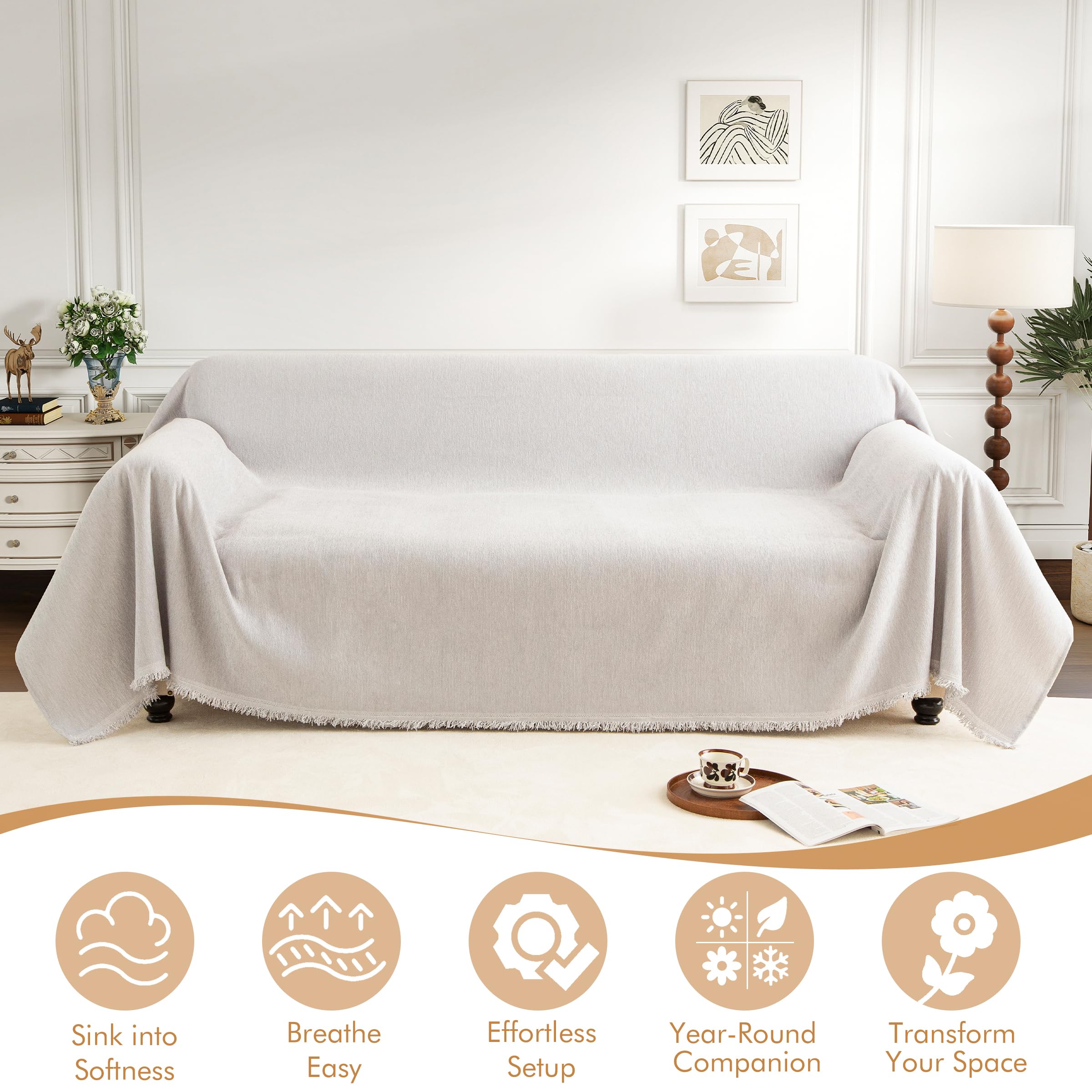 NestlyMoly Couch Cover for 3-4 Cushion Couch Sofa Pet Friendly, Chenille Sectional L Shaped Sofa Cover Washable for Dogs Cats Kids, Furniture Protector Slipcover Decor for Living Room, 91