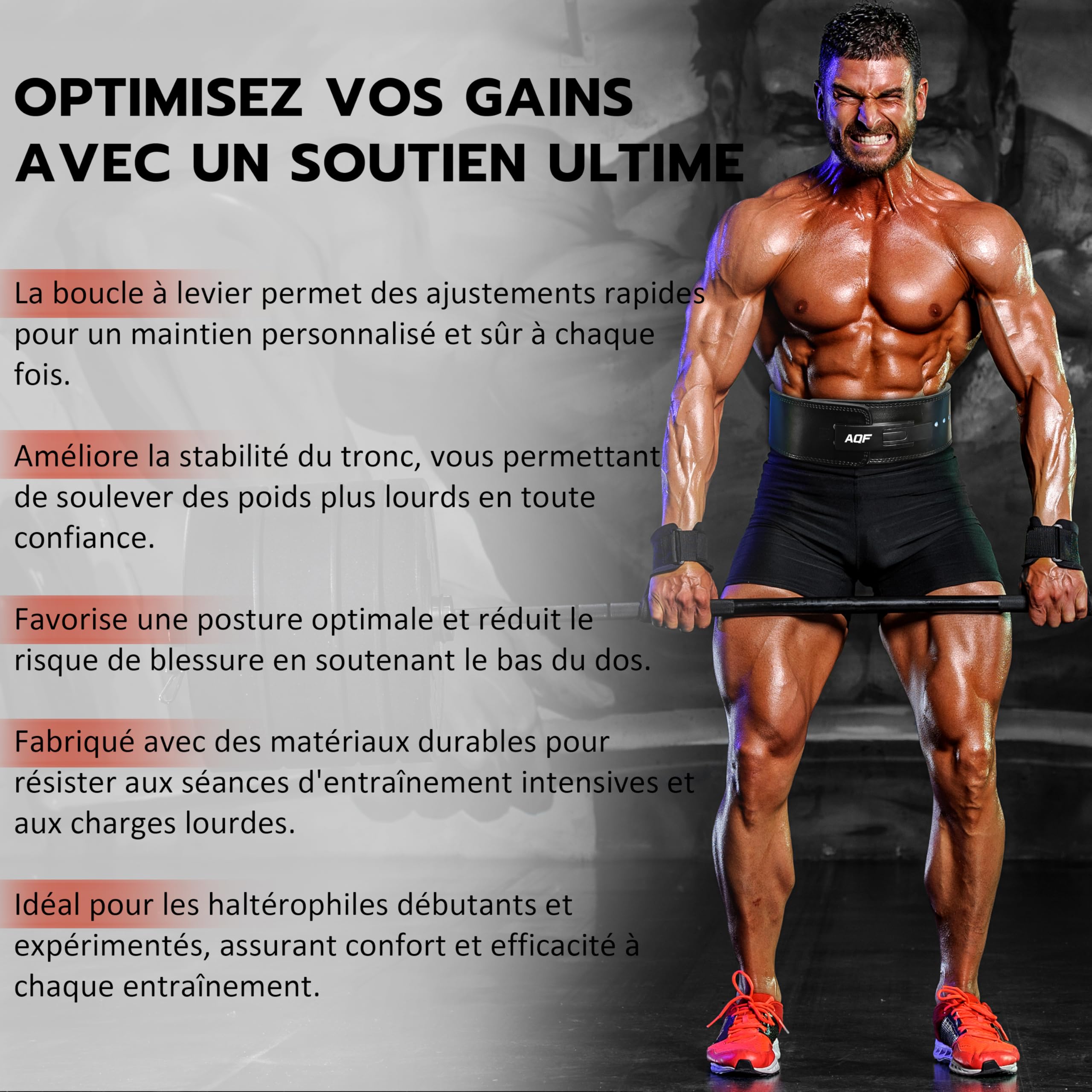 AQF Ceinture Musculation Levier, Cuir 10mm 4", Approuvée IPL & USPA