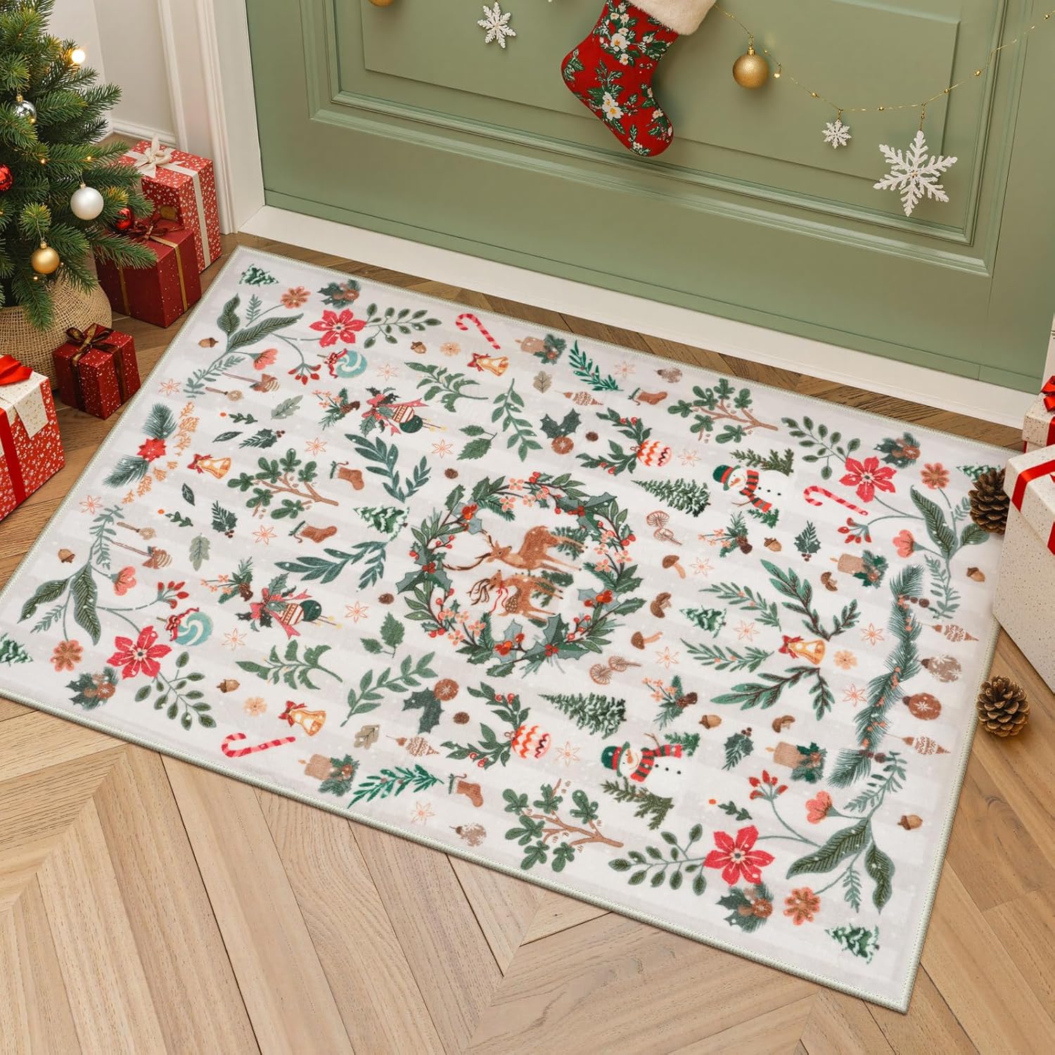 Lahome Christmas 2x3 Entryway Rug, Small Christmas Indoor Door Mat for Entrance, Non Slip Washable Soft Xmas Reindeer Throw Rug for Kitchen Bedroom Bathroom Holiday Decor, Beige 2' x 3' (Rectangular) Christmas Beige