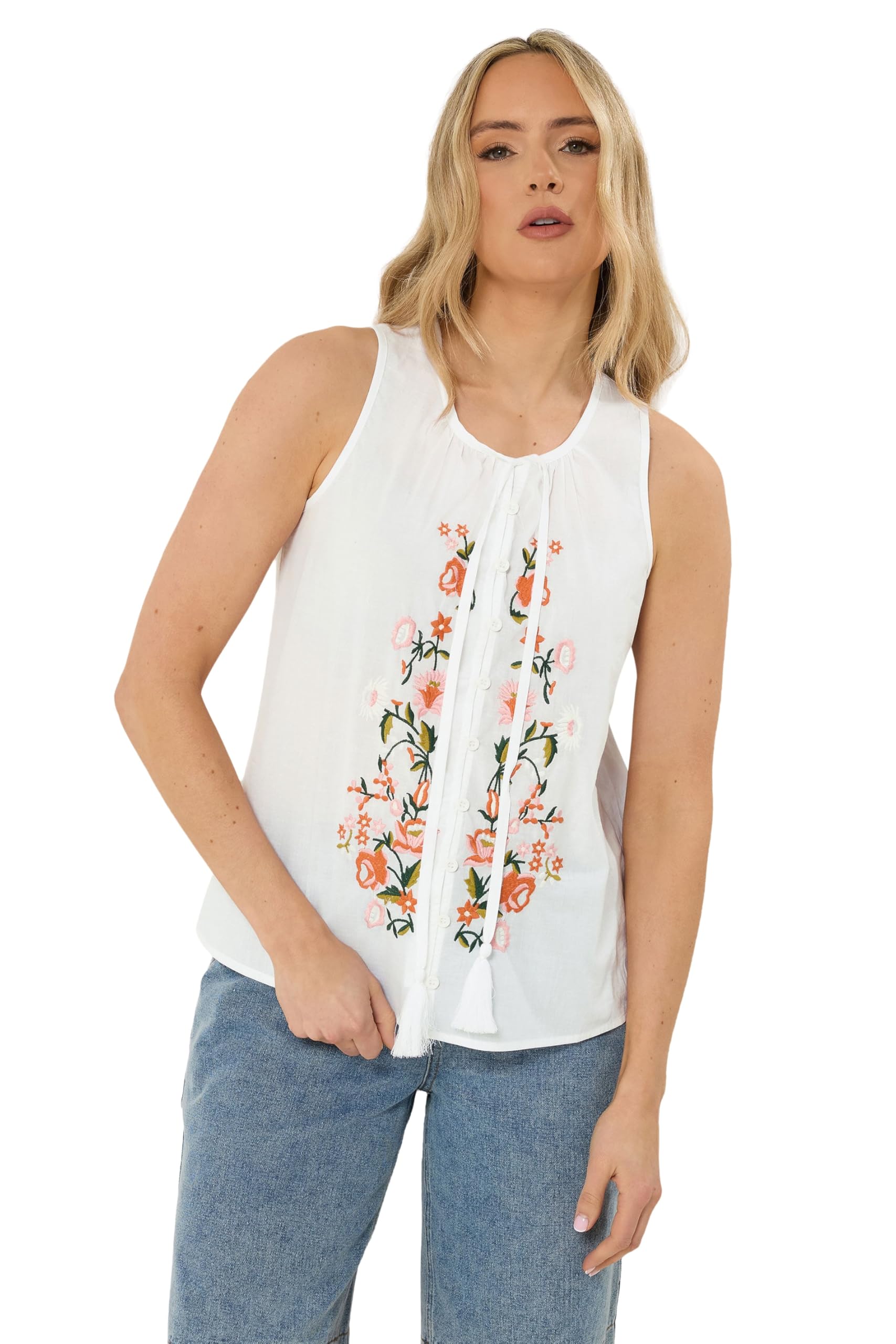 Long Tall Sally Women's White - Lts Tall Floral Embroidered Cotton Vest Top