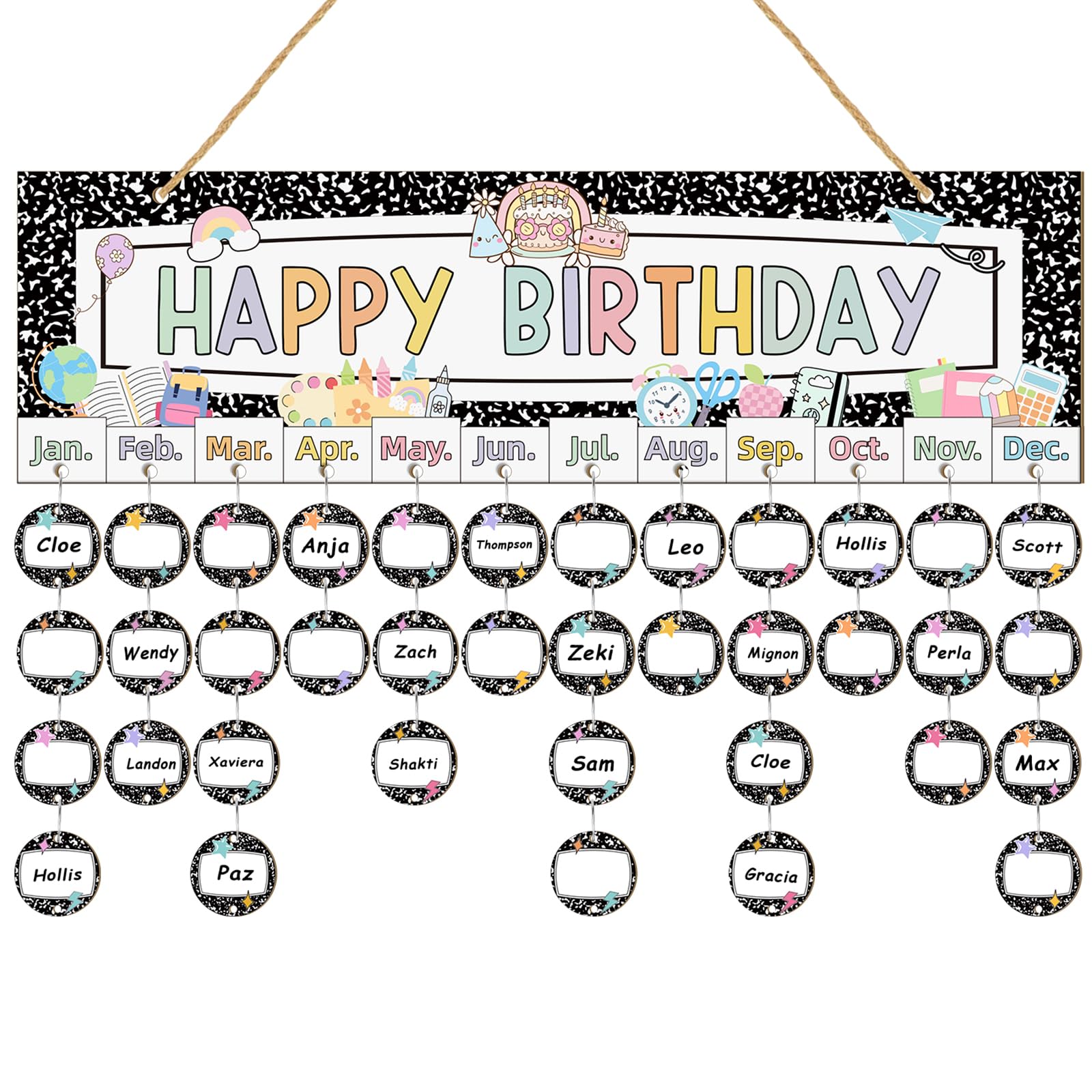 Lineshading Calendario di compleanno pastello da appendere alla parete, quaderno per composizioni e decorazioni in classe, calendario fai da te, bacheca con 100 etichette in legno per il rientro a