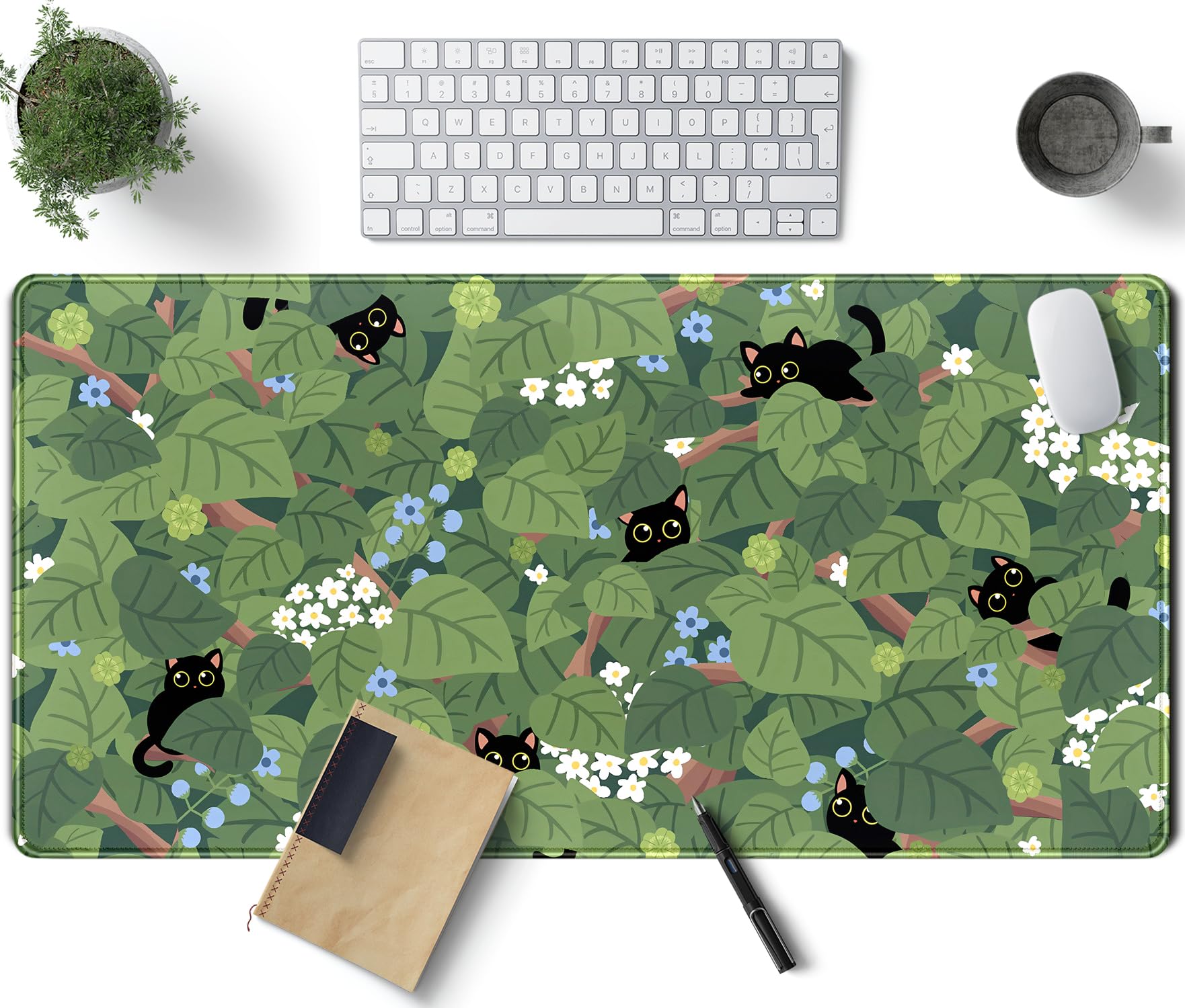 Kawaii Anime Aesthetic Black Cat Forest Plant Desk Mat, Green Sage XXL Large Extended Mouse Pad Gaming Cute Cats Desk pad, Laptop Keyboard and Mouse