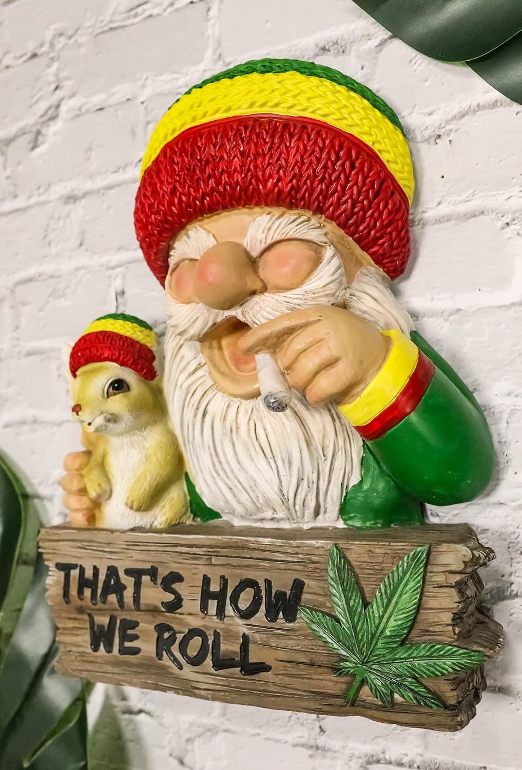 Ebros Gift Positive Good Vibes Gypsy Rasta Gnome and Squirrel with Beanie Hat Smoking Rolled Stash Leaves Decorative Wall Sculpture Plaque with 'That's How We Roll' Sign Rastafarian Gnomes Figurine