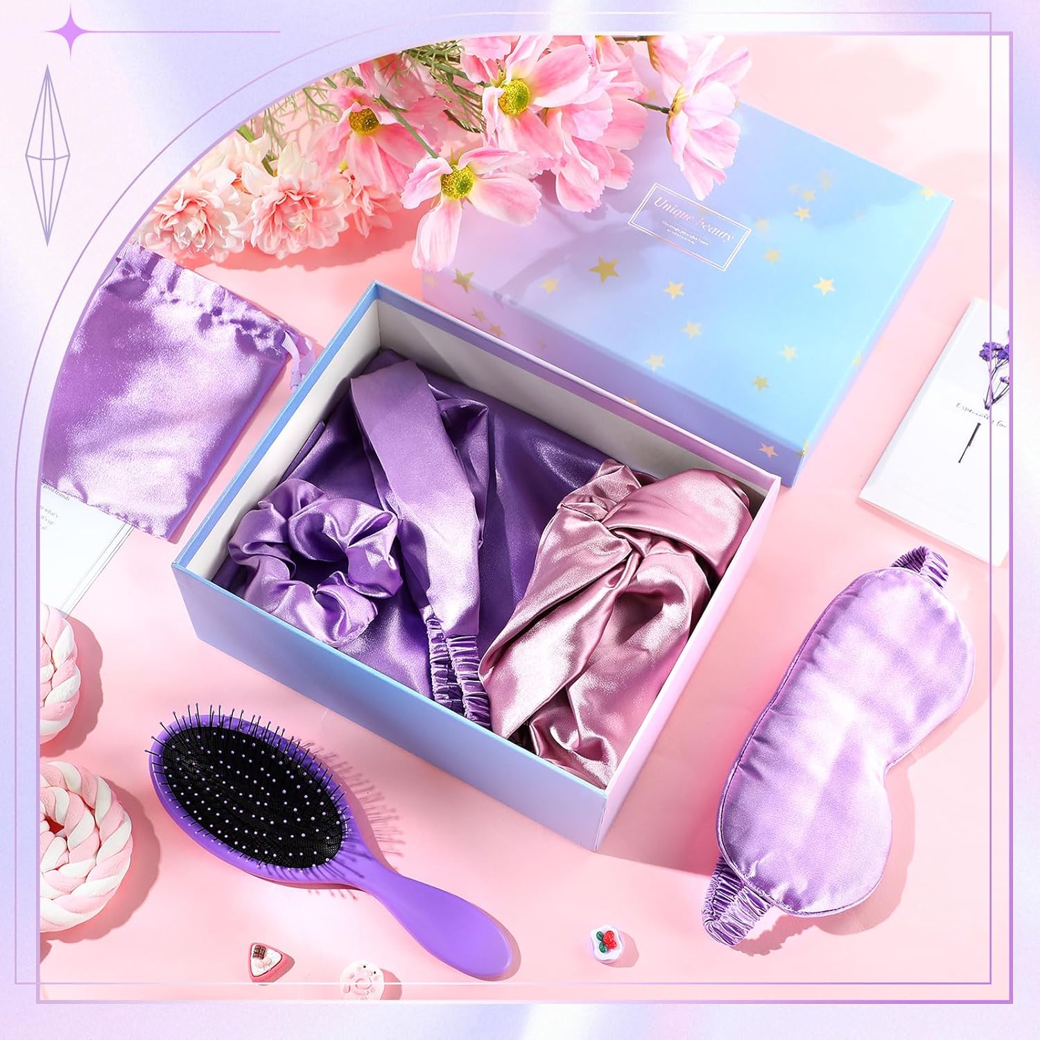 purple satin sleep accessories laid out