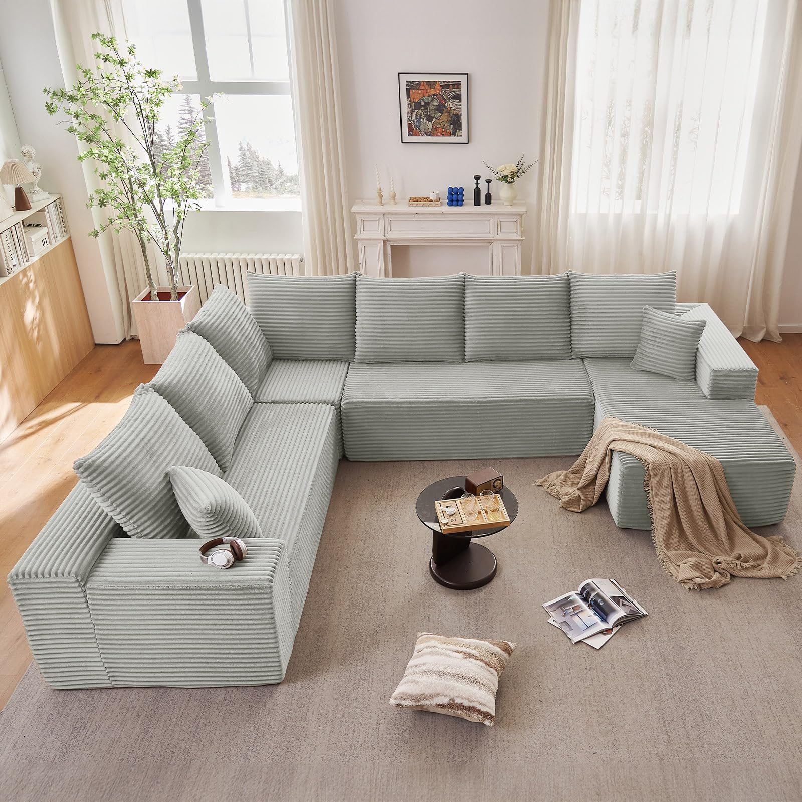 Oversized Modular Sectional Sofa Couch, Large 6 Seater Corner Sofa Modern U Shaped Sectional Couch Cloud Couches for Living Room, Office, Spacious Space, Corduroy,No Assembly Required, Light Grey