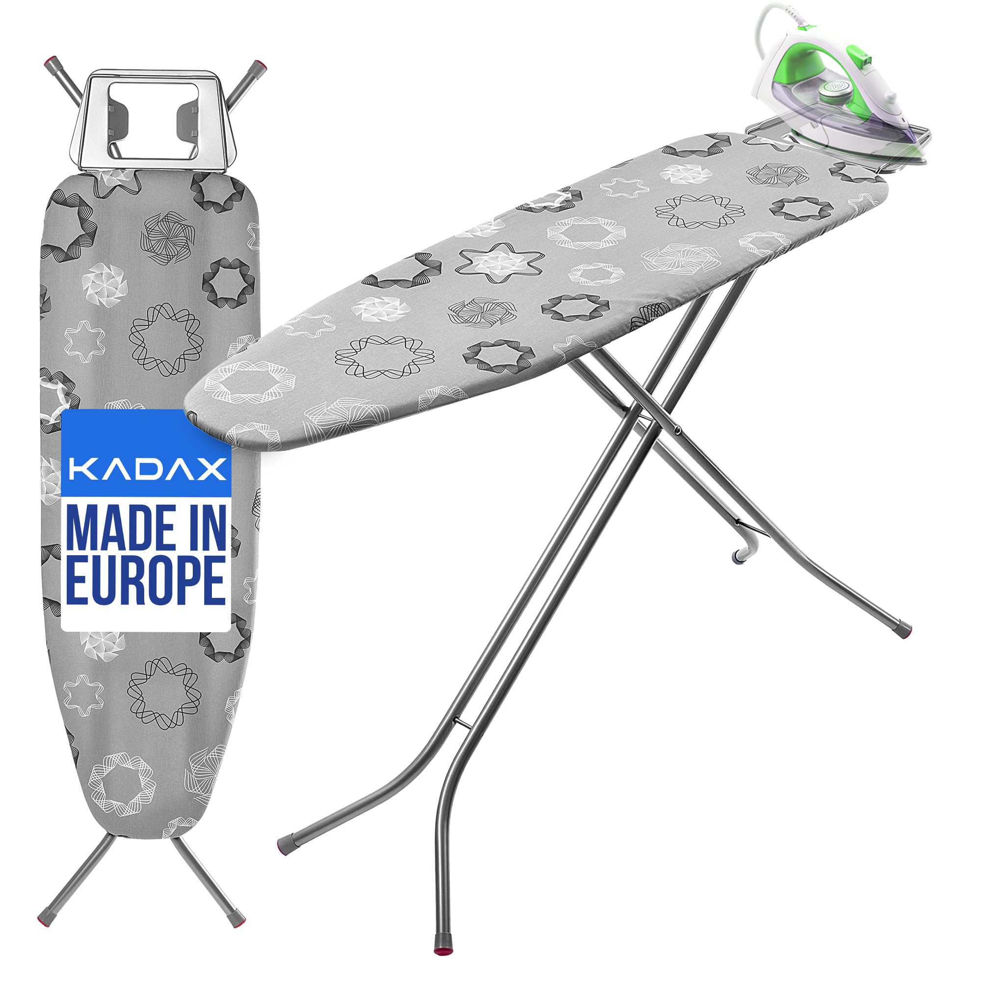 KADAX Asse da stiro pieghevole, 120 x 38 cm, con rete metallica, asse da stiro con piedini antiscivolo, asse da stiro regolabile in altezza, con ripiano da stiro (grigio)