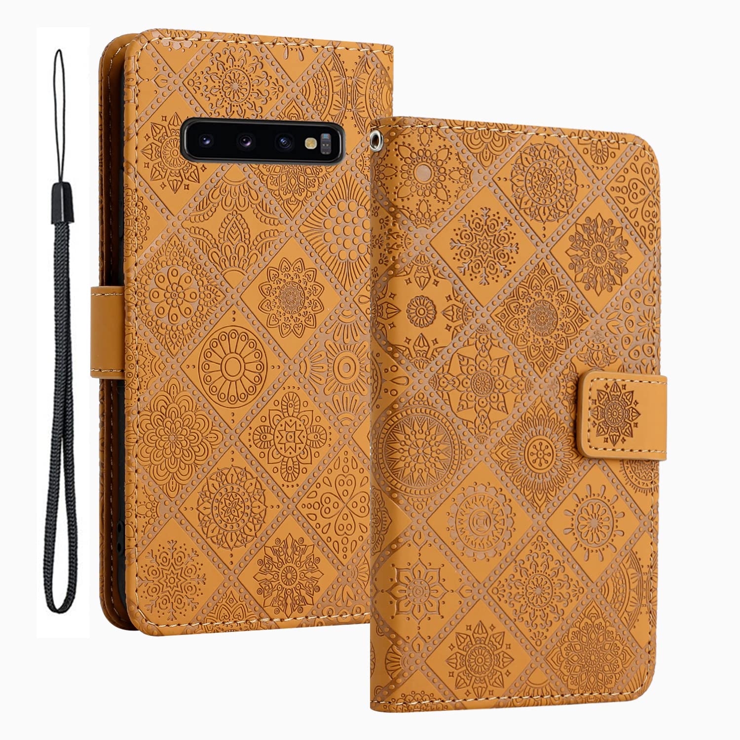 Uposao - Custodia a portafoglio per Galaxy S10 Plus, con brillantini e strass, motivo a forma di cuore, con chiusura magnetica, con porta carte di credito, colore: Oro