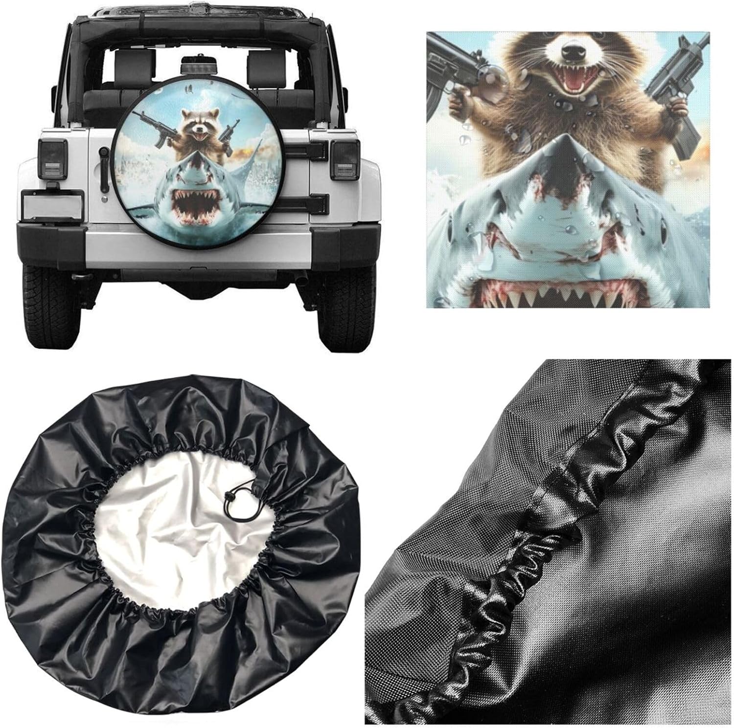 Raccoon Riding On Shark Spare Tire Cover for Rv SUV Trailer Truck Camper, Waterproof Wheel Protectors,Funny Tire Cover for Outdoor Travel,Universal Fit,15 inch