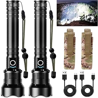 BERCOL Rechargeable LED Flashlights High Lumens, Super Bright 250,000 Lumens Flashlight with 5 Modes & Waterproof, Powerful 10000mAh High Capacity Flash Light for Camping Emergencies - 2 Pack