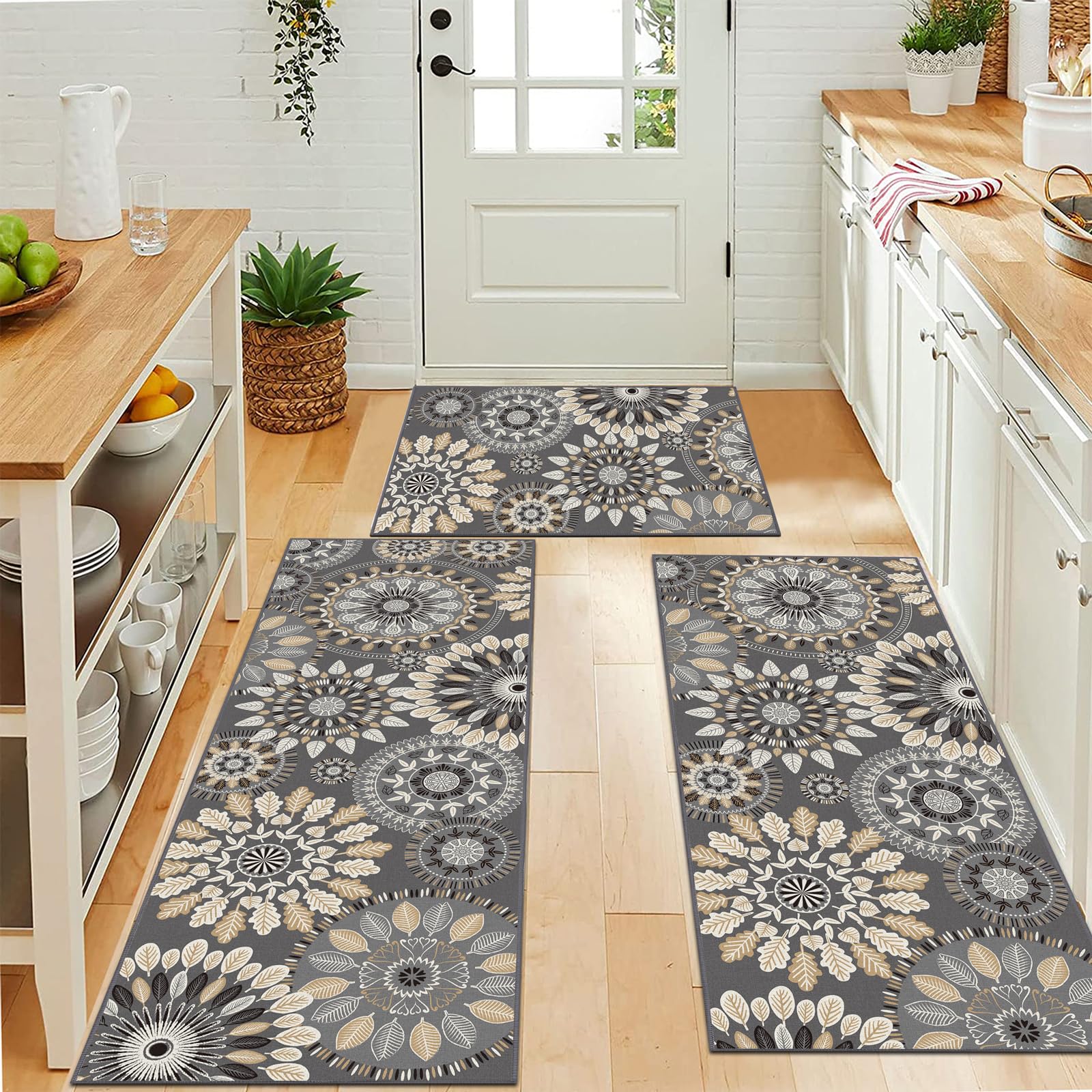 Bsmathom Farmhouse Kitchen Rug Sets 3 Piece, Non Slip Kitchen Rugs and Mats Set, Boho Kitchen Mats for Floor, Vintage Washable Kitchen Floor Rugs for Hallway Laundry Room