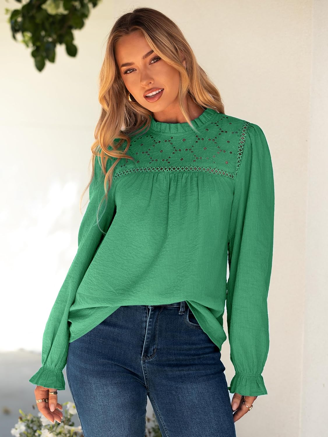 Simplee Womens Eyelet Long Sleeve Tops Crochet Boho Lace Blouses for Women Dressy Casual Work Fall Trendy Shirts - Image 3