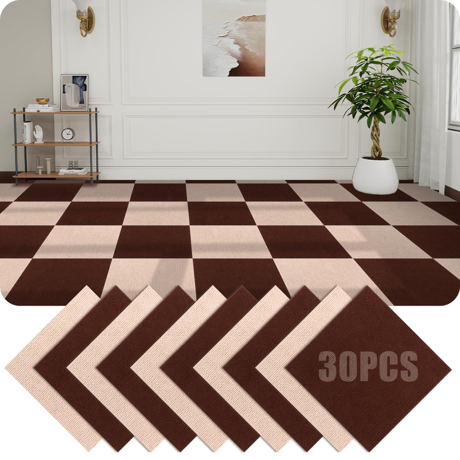 Carreaux de moquette autocollants 30x30 cm marron et kaki, lot de 30 dalles