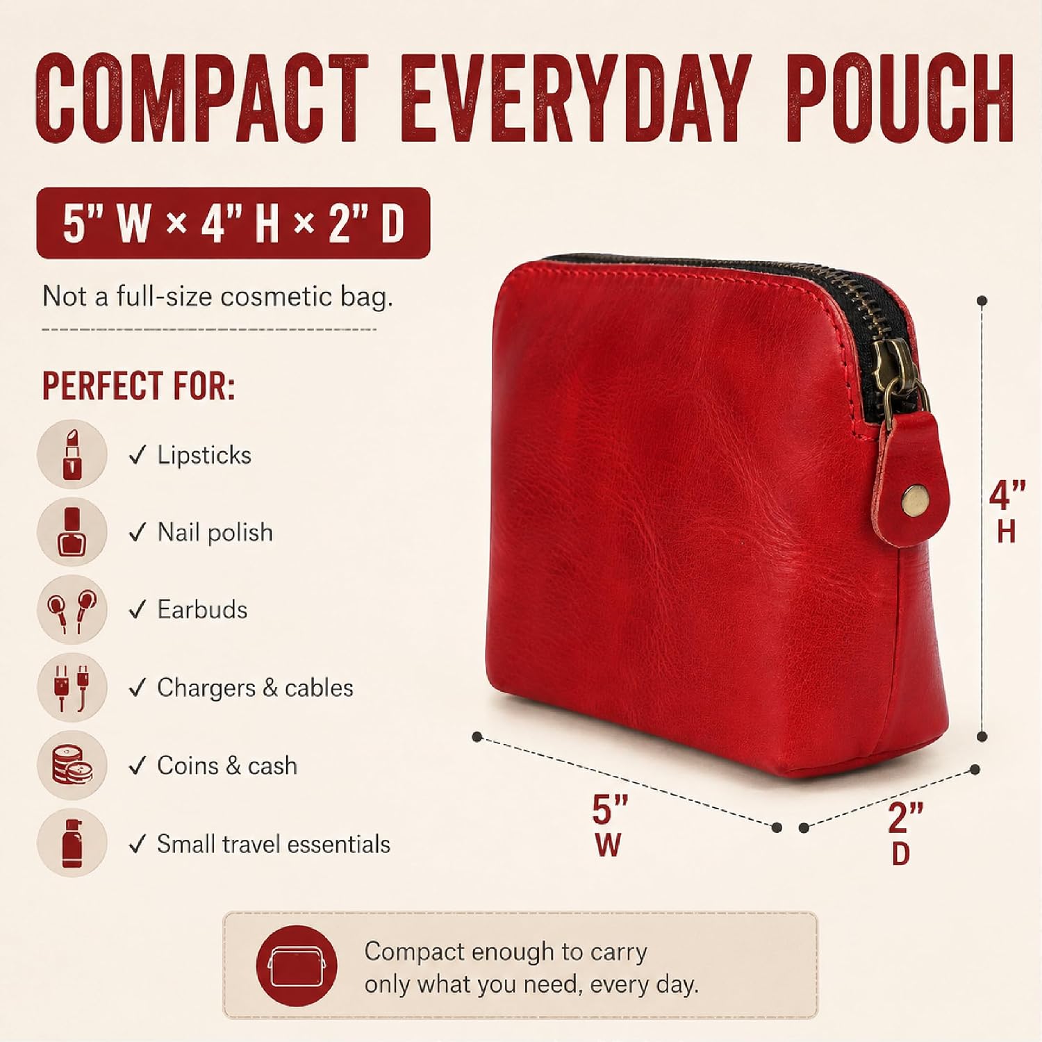 Full Grain Leather Cosmetic Bag – Zippered Makeup Pouch for Women, Small Travel Toiletry & Organizer Pouch for Purse, Premium Handmade Leather (5 × 4 × 2.5 in) image 2