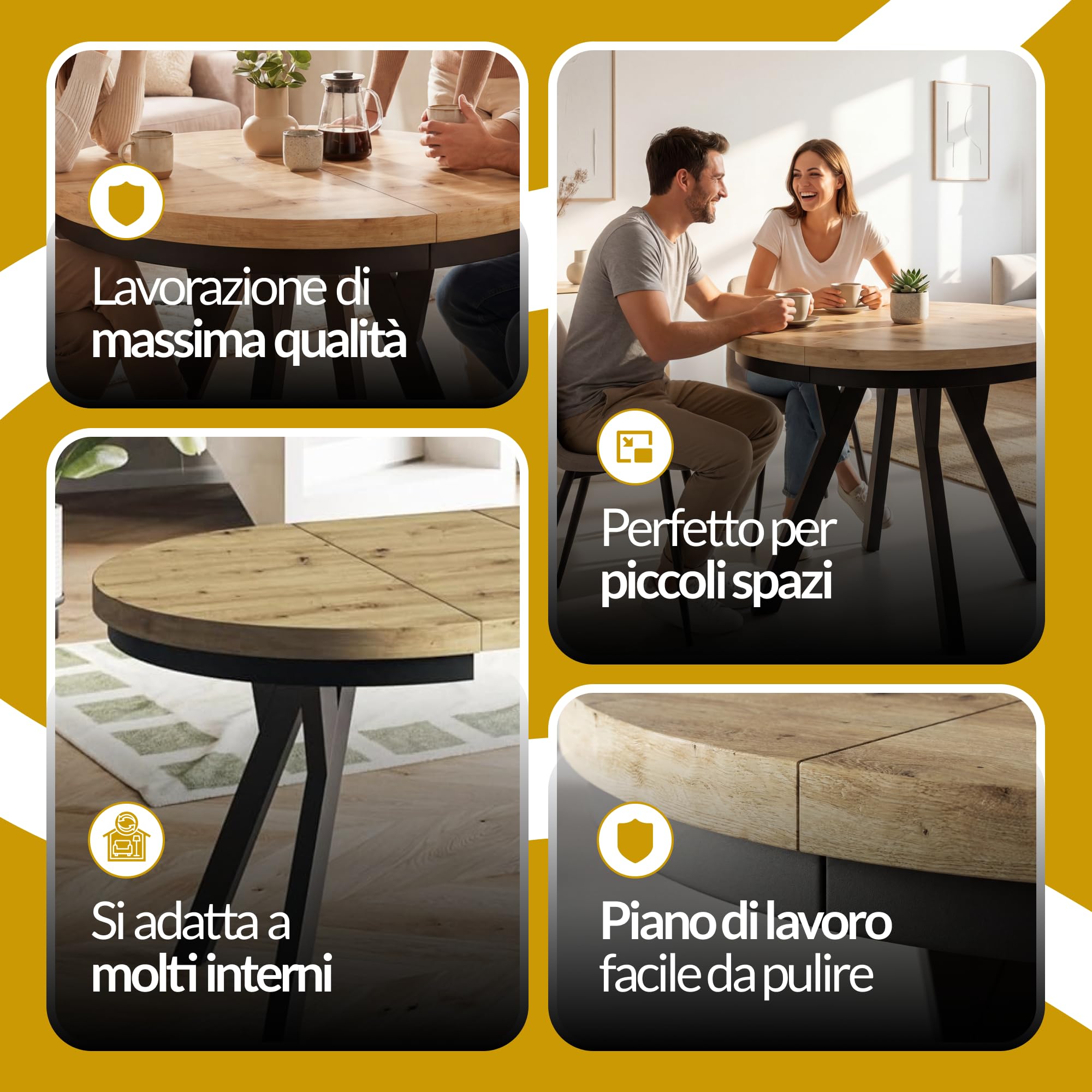 Tavolo Rotondo Allungabile EVO - Tavolo da Pranzo Allungabile - Piano in laminato da 36 mm - Gambe Solide - Diametro da 90 cm a 190 cm Lancelot