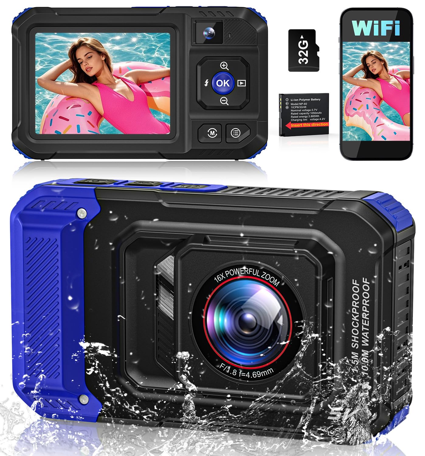Fotocamera Subacquea, Fotocamera Digitale 5K 96MP Impermeabile 10 Metri Autofocus WiFi con Scheda 32GB, Doppio Schermo per Selfie, Fotocamera Subacquea Galleggiabile 16X per Snorkeling
