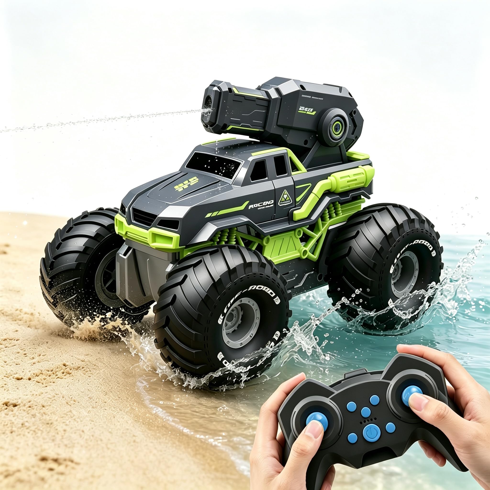 Coche Anfibio Teledirigido con Pistola Agua, Coche RC 4x4 Anfibio Niño | Boat de Carreras Alta Velocidad, Baterías modulares, Impermeable y Anti-vuelco, Juguete de Agua Ideal para 6+ Niños y Niñas