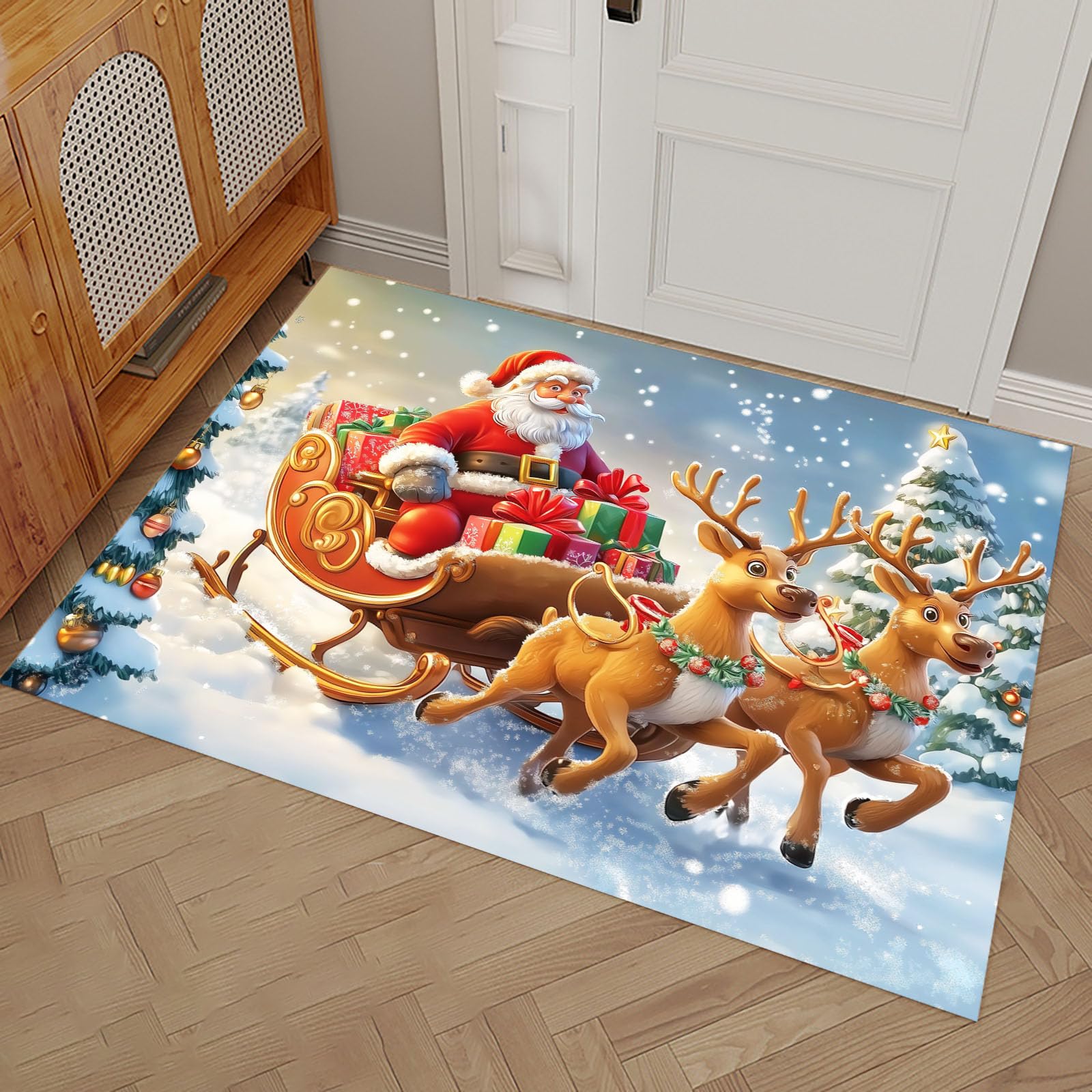 Felpudo de Interior 90x150cm, Diseño de Papá Noel Renos, Lavable Antideslizante, Alfombrilla Navidad Paisaje Plegable de Pelo Corto para Entrada, Alfombra Fácil de Limpiar, Azul Claro