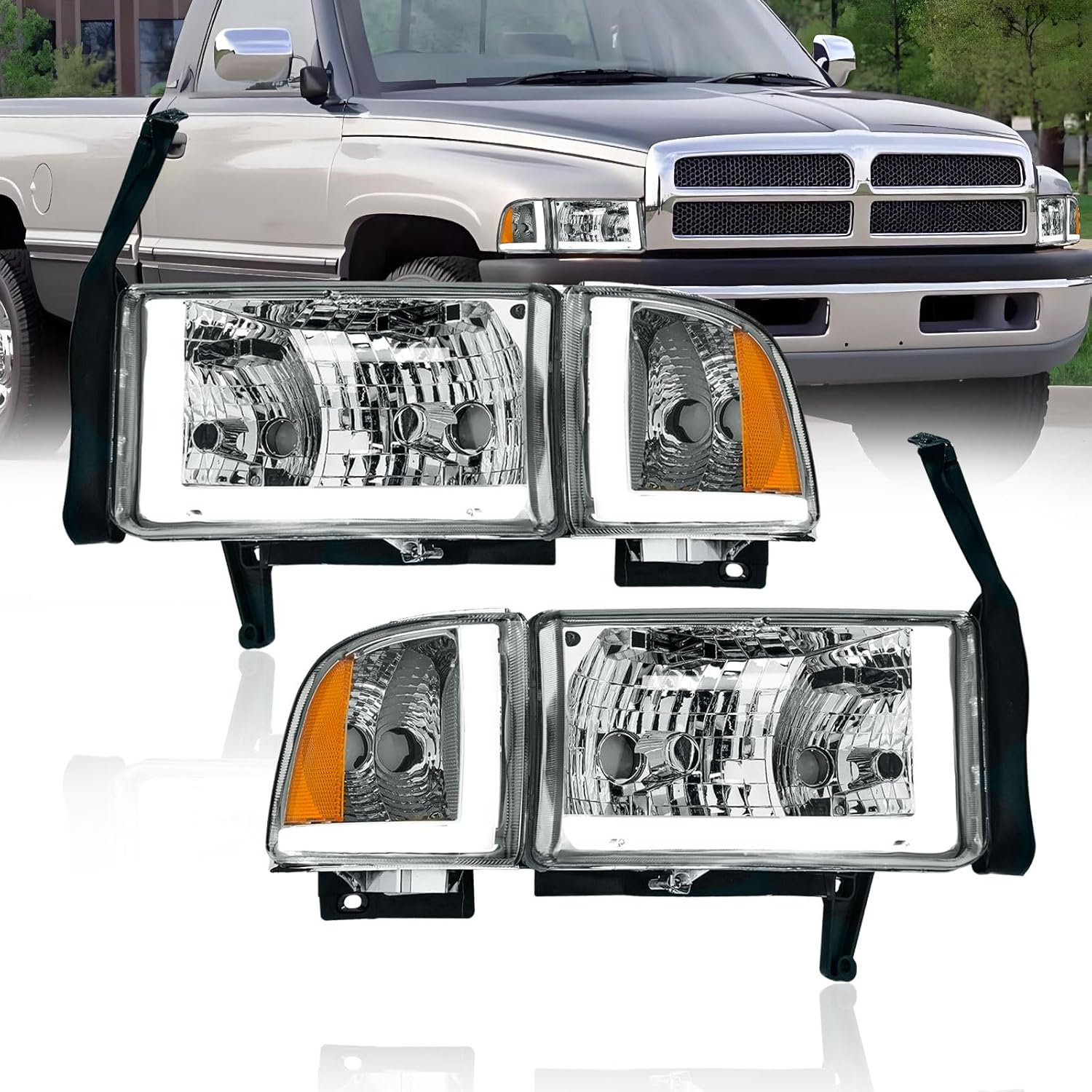 LED DRL Headlights Compatible with 1994-01 Dodge Ram 1500/1994-02 Dodge Ram 2500 3500 (Except SPORT & VAN Models) 2PC Assembly Headlamp Amber Reflector Chrome Housing