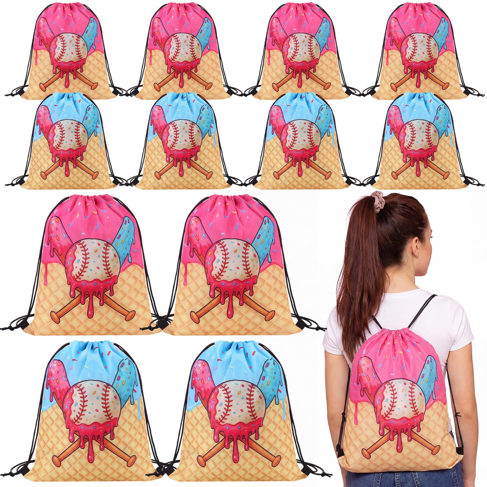 12 Pcs Ice Cream Drip Baseball Bag Drawstring SportParty Favor Backpacks Baseball Gift Bags with Handle for Sport Teams Birthday Theme Party Supplies