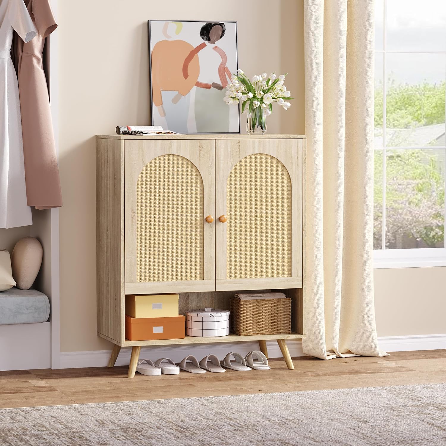 GarveeHome Shoe Cabinet with Magnetic Rattan Doors, 4-Tier Cabinet with 1 Semi-Open Storage Compartment, Hallway Cabinet with Adjustable Shelves, for Hallway and Living Room, 81.5 x 40 x 100 cm