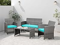 Shintenchi 4-Piece Outdoor Rattan Patio Conversation Set with Cushions & Tempered Glass Tabletop, Blue
