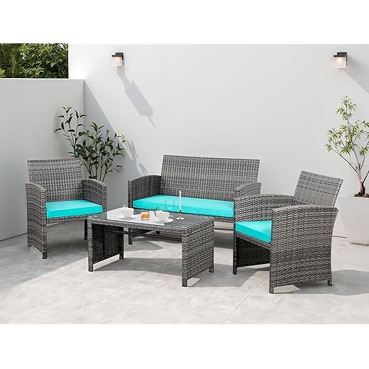 Shintenchi 4 Piece Patio Ratten Set Outdoor Furniture Set Wicker Conversation Set with Cushions and Tempered Glass Tabletop,Blue