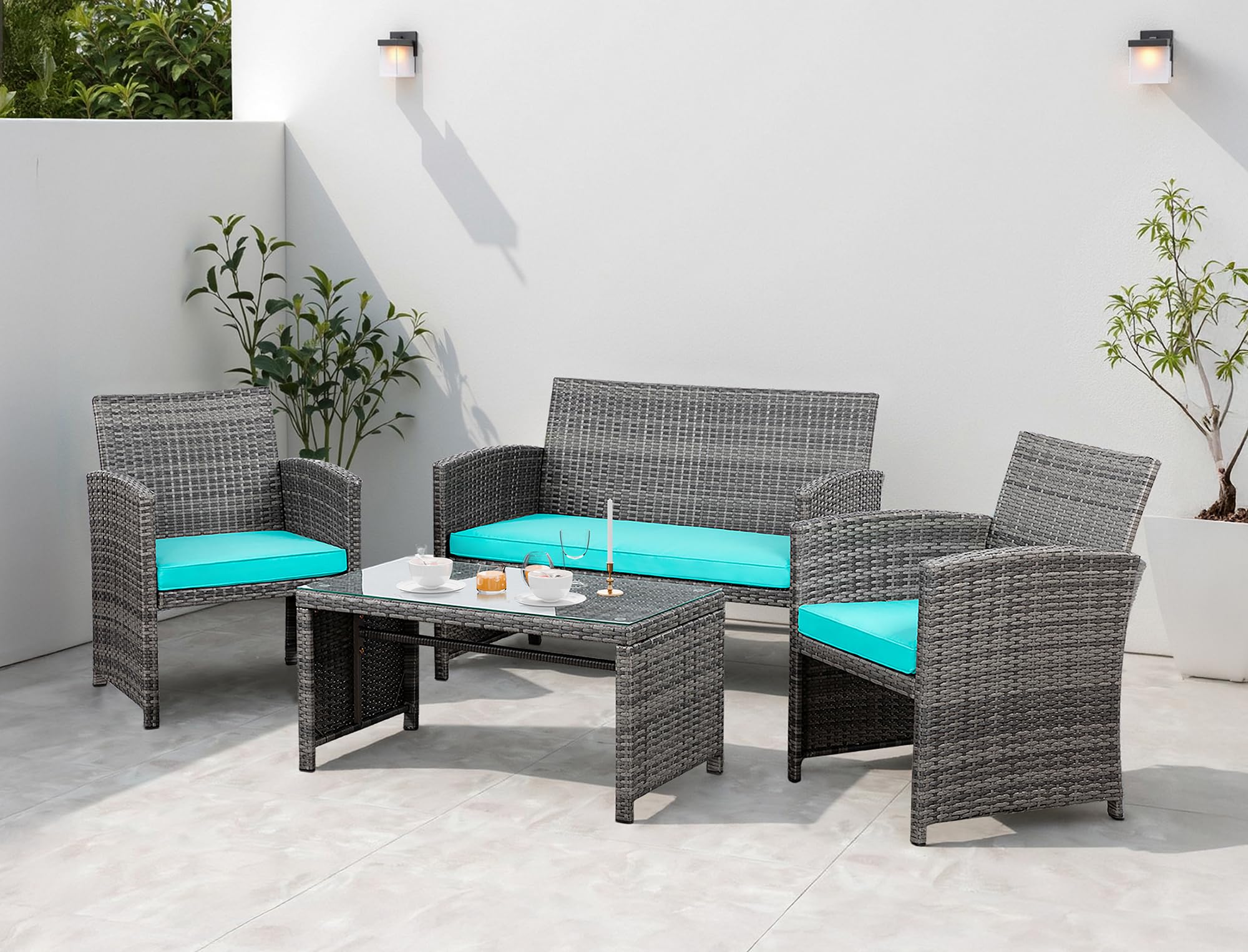 Amazon.com: 4 Piece Patio Ratten Set Outdoor Furniture Set Wicker