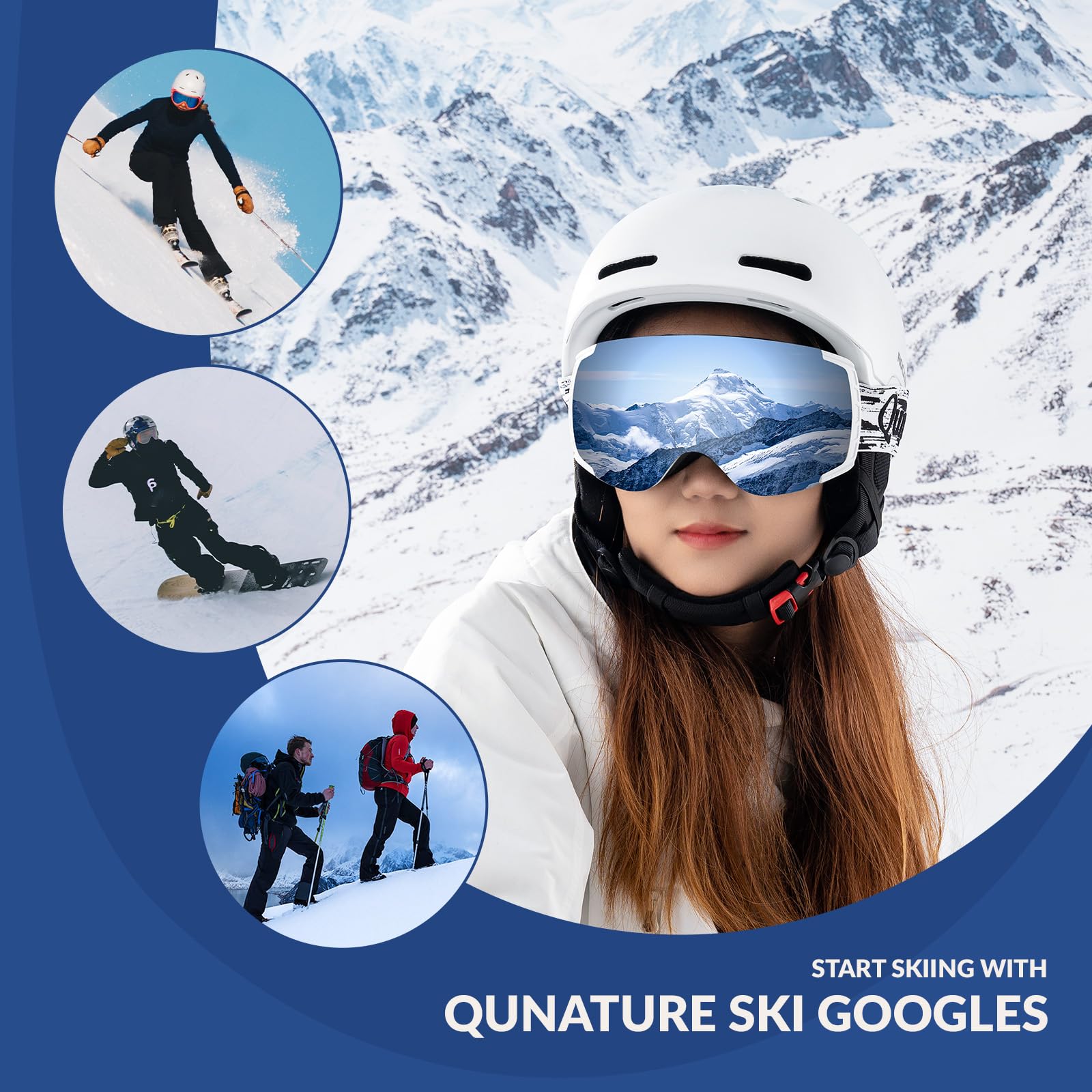 Qunature Lunettes Ski OTG Anti-Buée UV400 Homme Femme Blanc